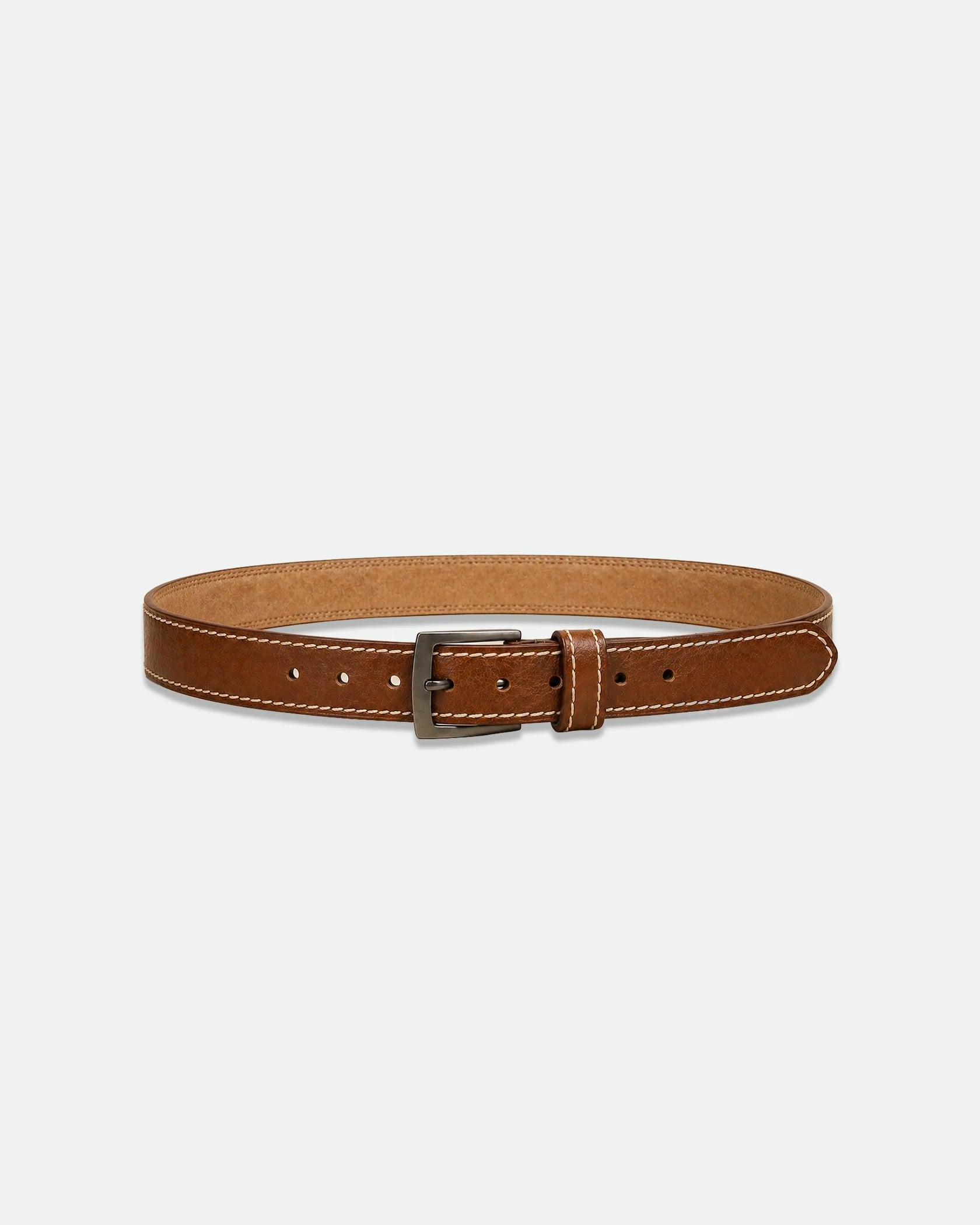 Tan Smooth Leather Belt with Contrast White Stitching and Gunmetal Buckle 33mm