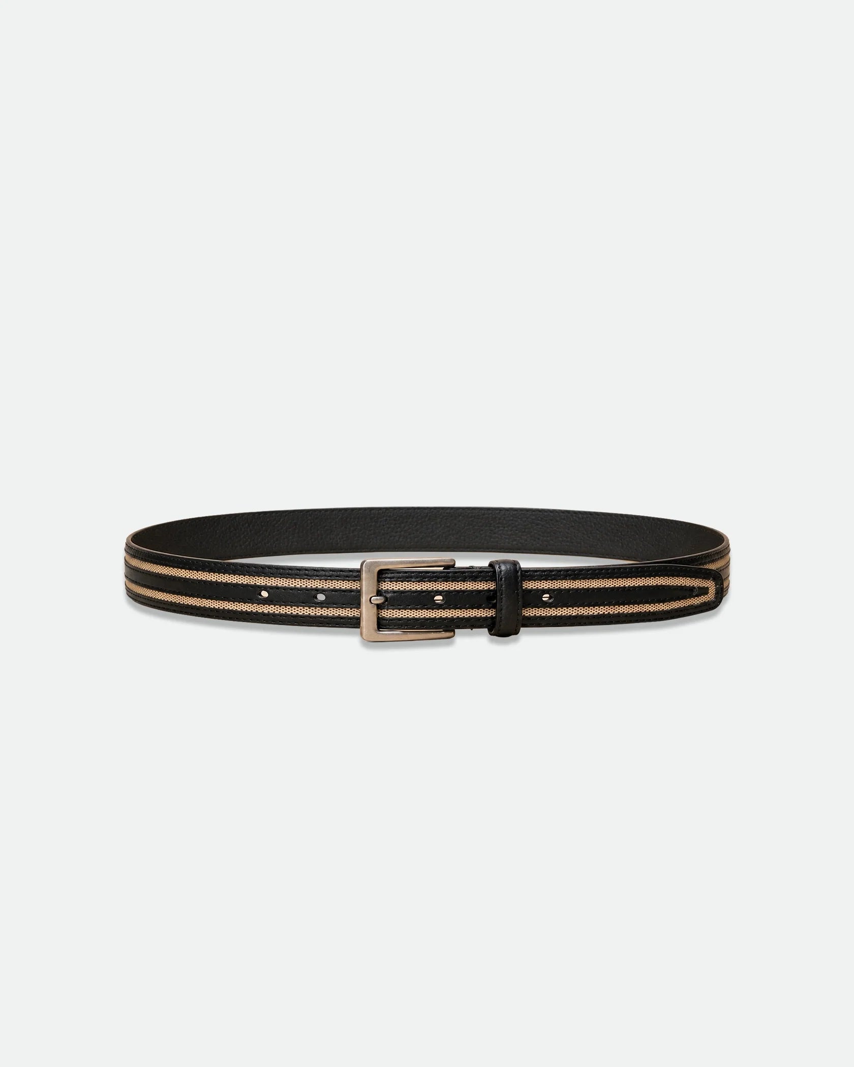 Black Leather Belt with Cream Striped Web Inlay and Antique Brass Buckle 33mm