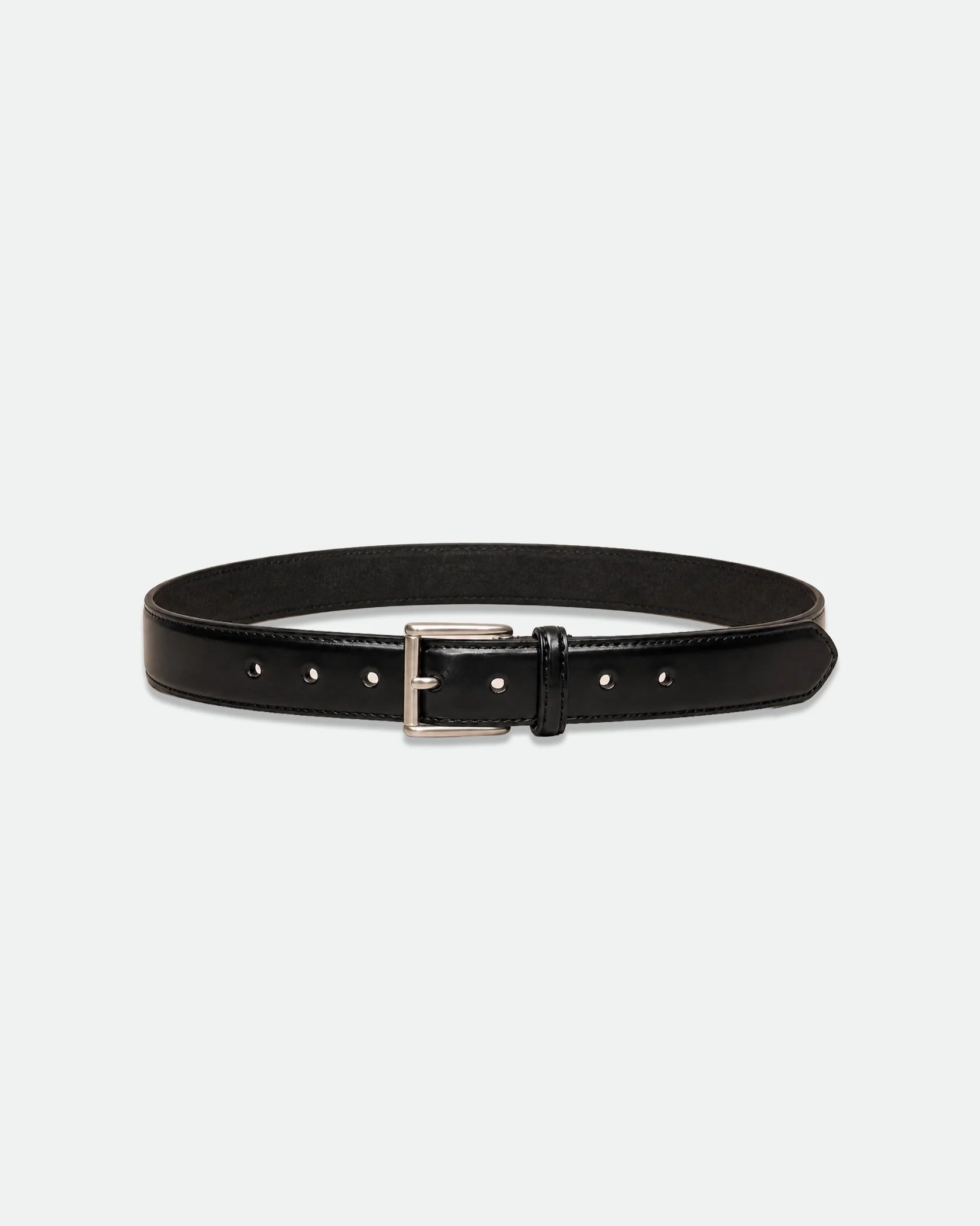 Black Polished Leather Belt with Brushed Silver Roller Buckle 38mm