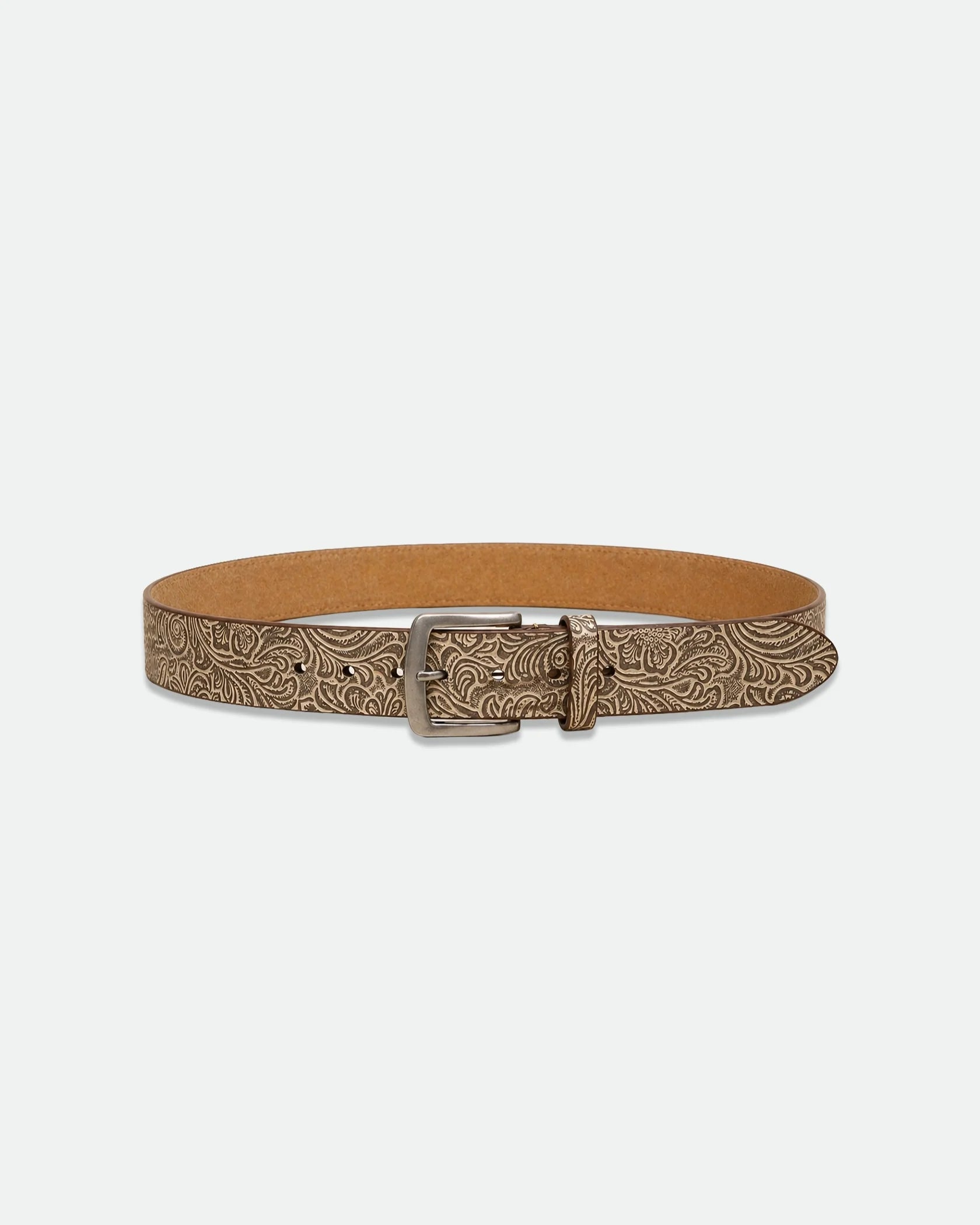 Tan Floral Tooled Embossed Leather Belt with Antique Pin Buckle 37mm