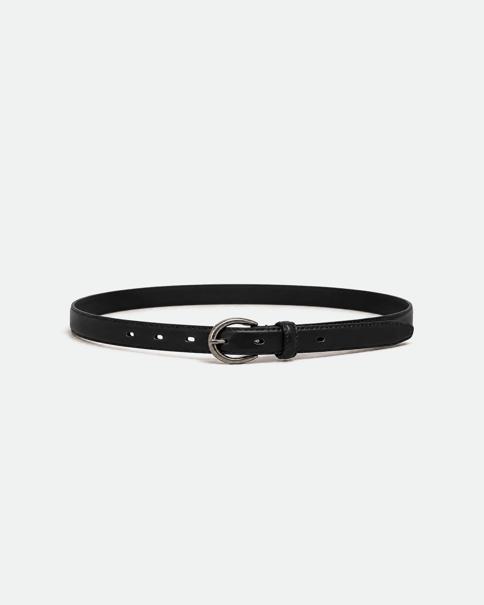 Black Slim Women's Leather Belt with Silver Horseshoe Buckle 25mm