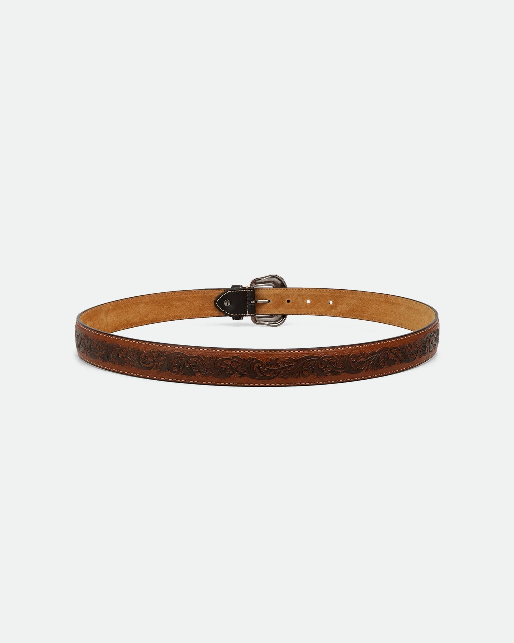 Dark Brown Western Leather Belt Floral Engraved Buckle 38mm - Back