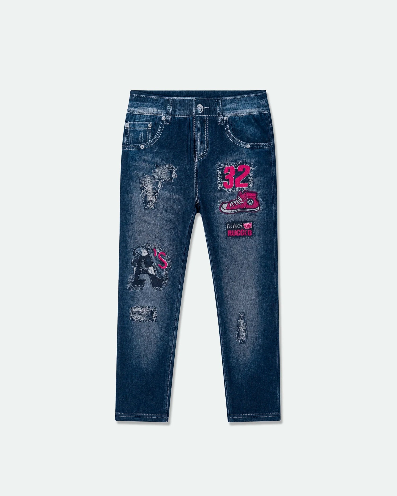 Womens Denim Print Jean Leggings Distressed Patch Graphic Dark Blue S-M - Front