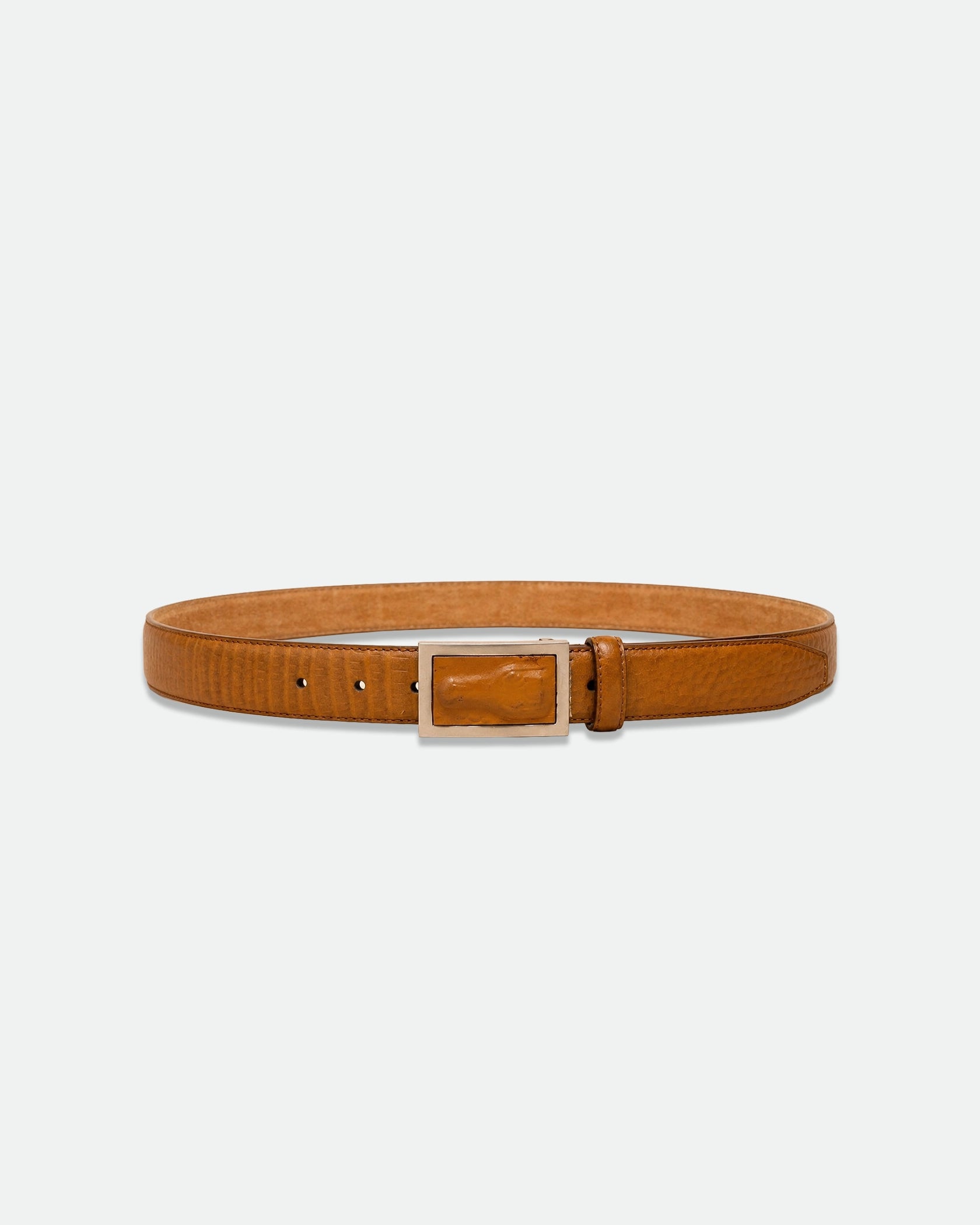 Tan Pebbled Leather Belt with Rectangular Plaque Buckle 37mm