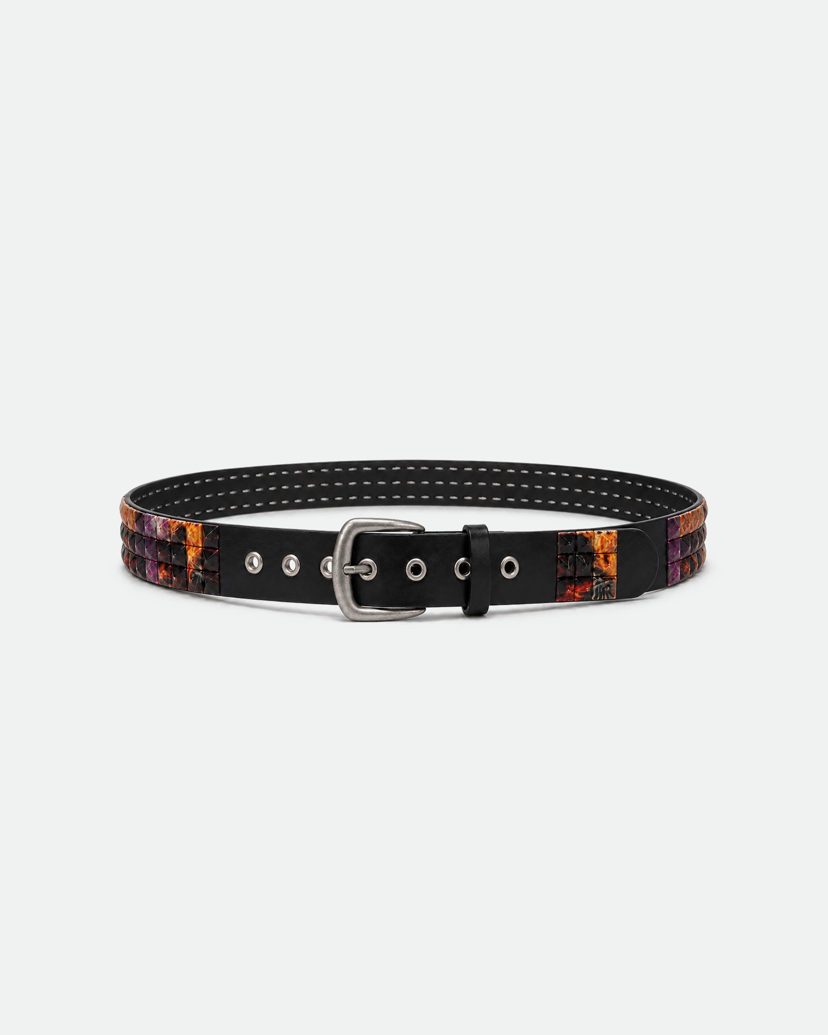 Black Studded Leather Belt with Multicolour Fire Flame Print 38mm