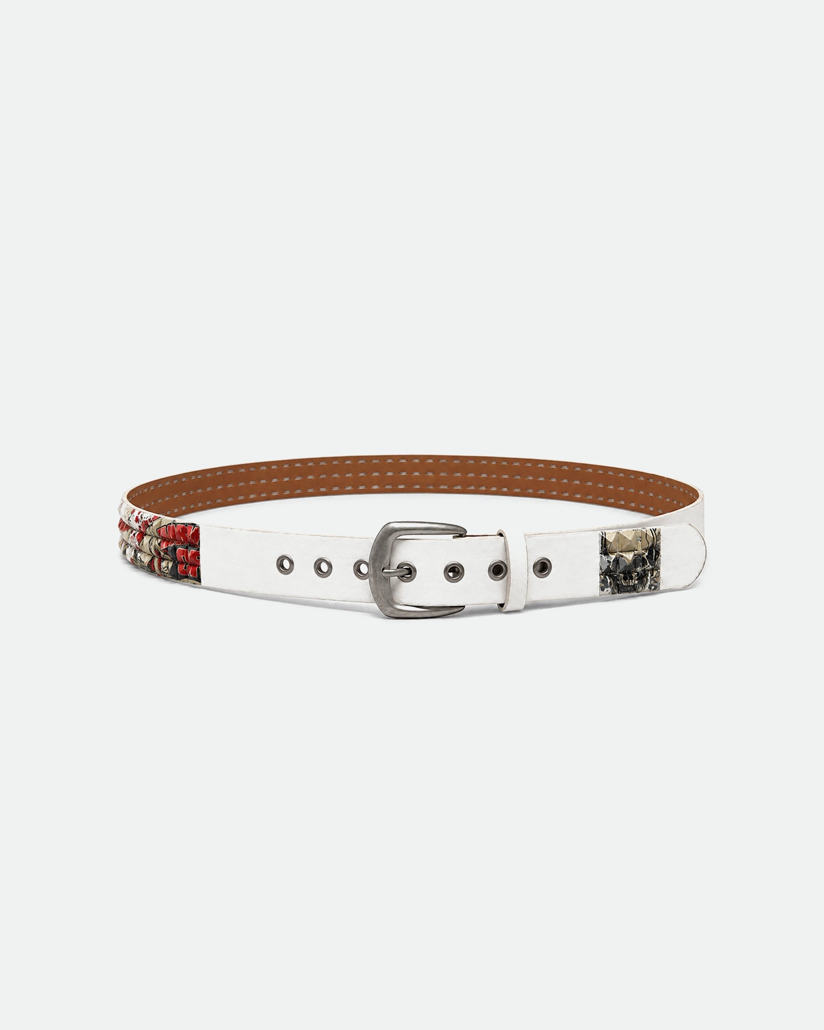 White Leather Belt with Skull Plaque and Red Grey Studs 38mm