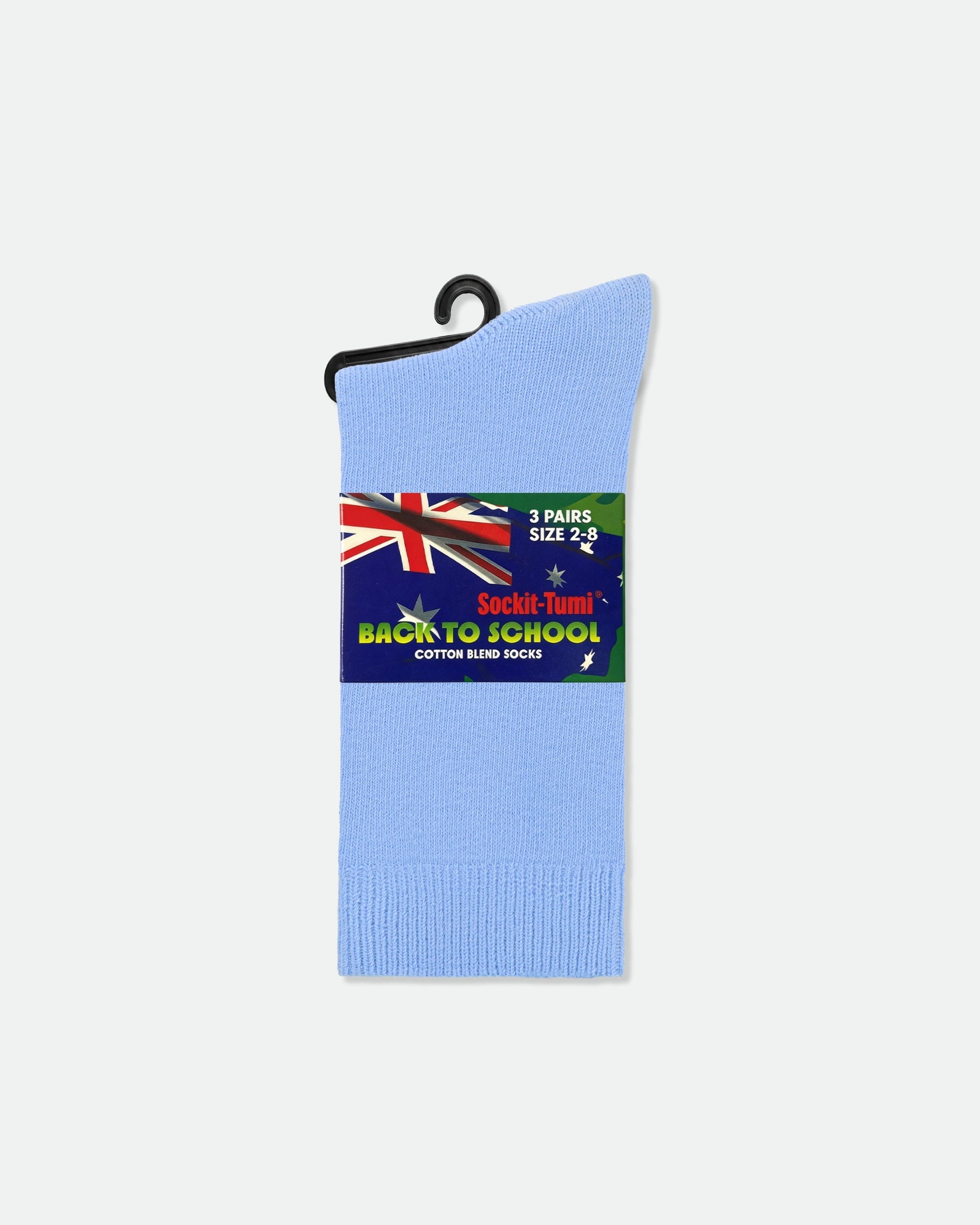 Kids Australian School Socks Crew Length Pack of 3 Sky Blue