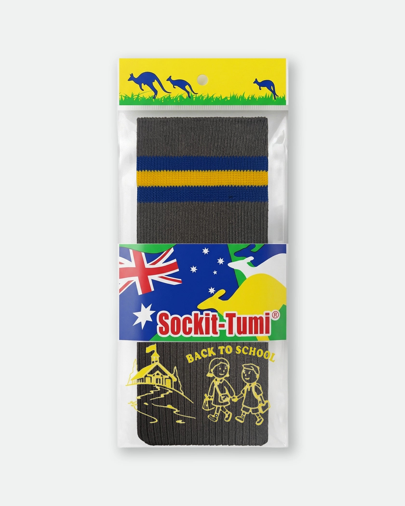 Sockit-Tumi Custom School Socks Grey Striped Royal Blue/Yellow Gold/Royal Blue