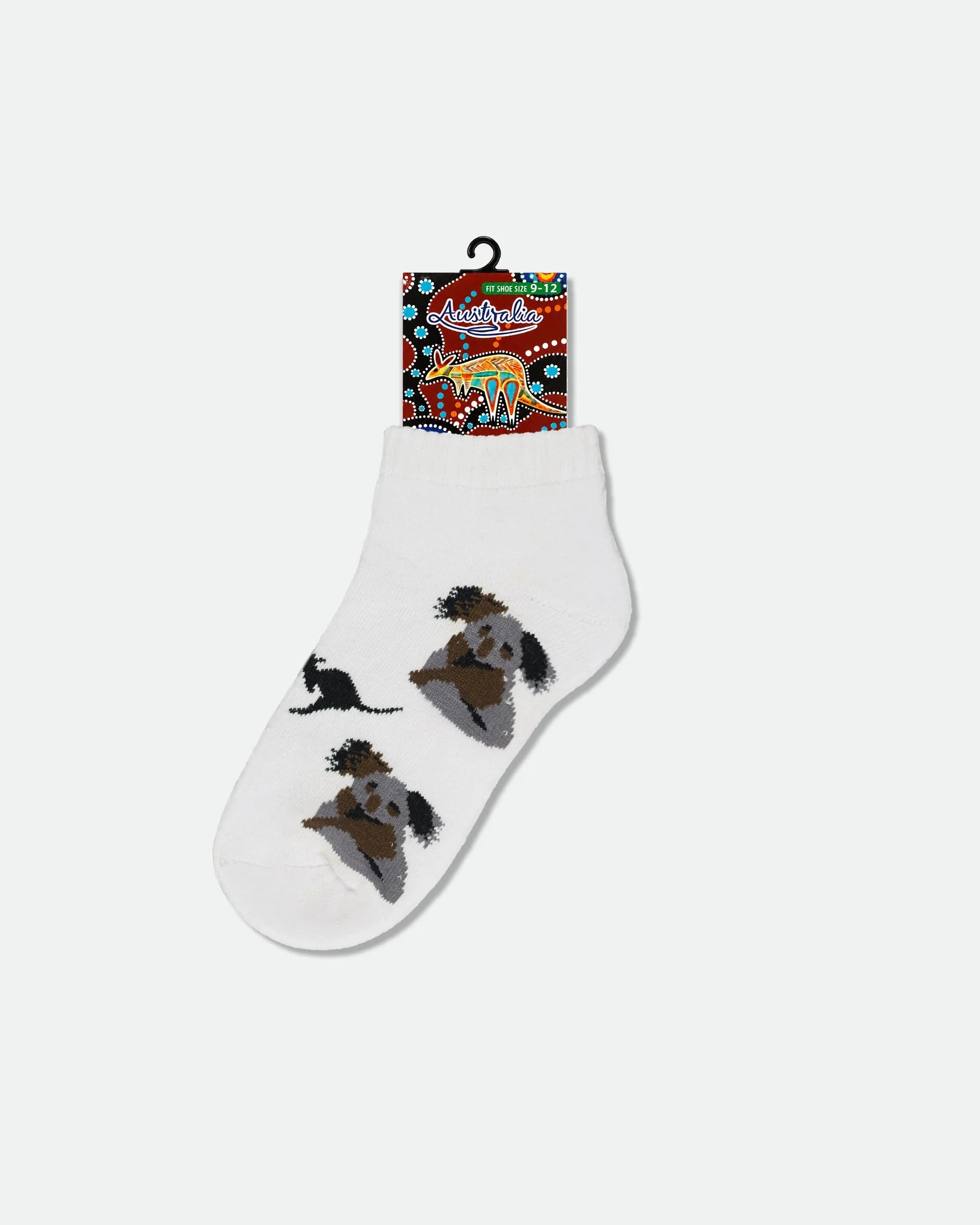 Kids Australian Souvenir Ankle Socks Koala and Kangaroo White 9-12