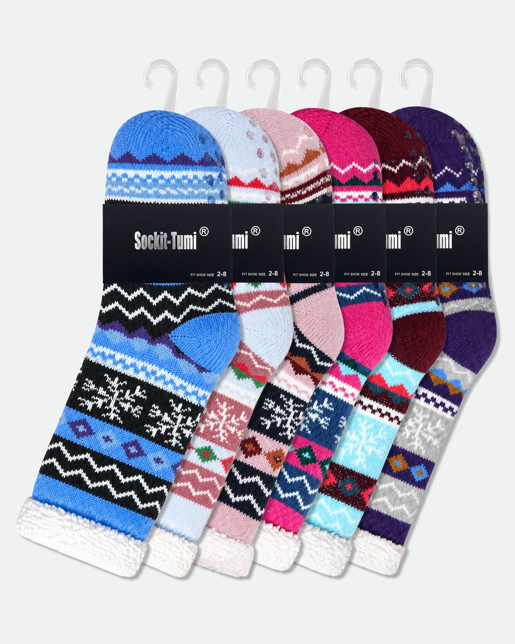 Women’s Sherpa-Lined Soft Non-Slip Thermal Winter Lounge Socks Snowflake — 6 Designs (2 Pairs Each)