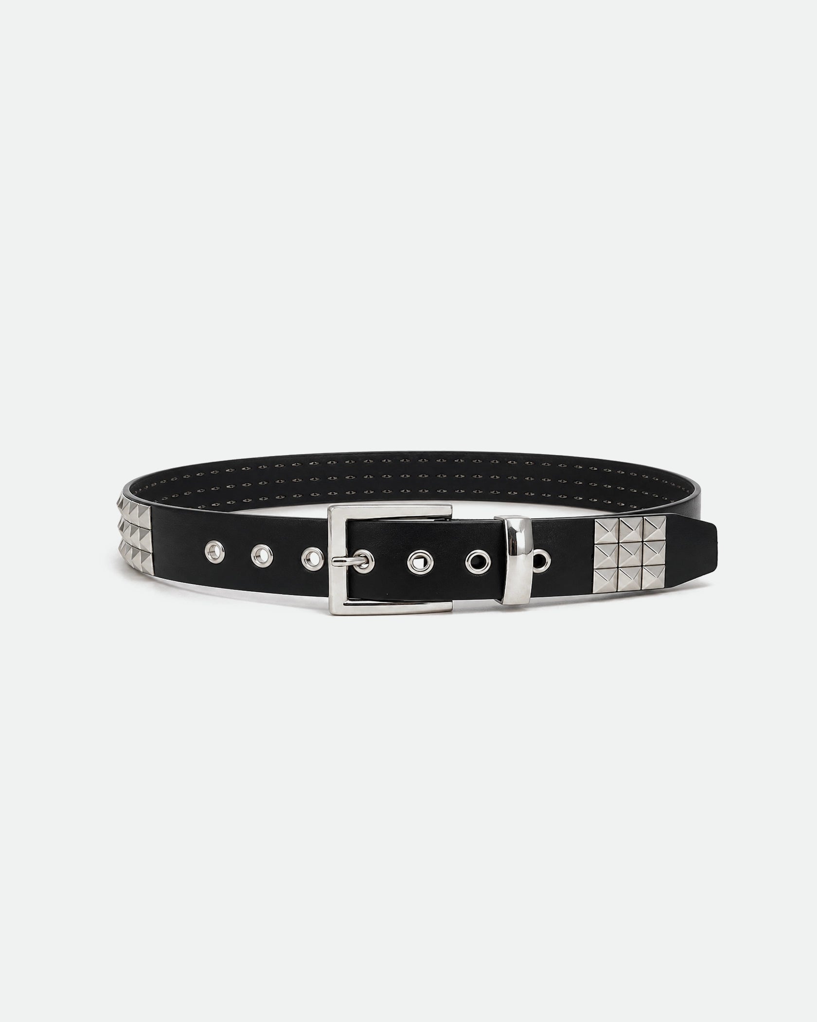 Black Studded Leather Belt with Twin Row Pyramid Studs and Silver Eyelets 38mm