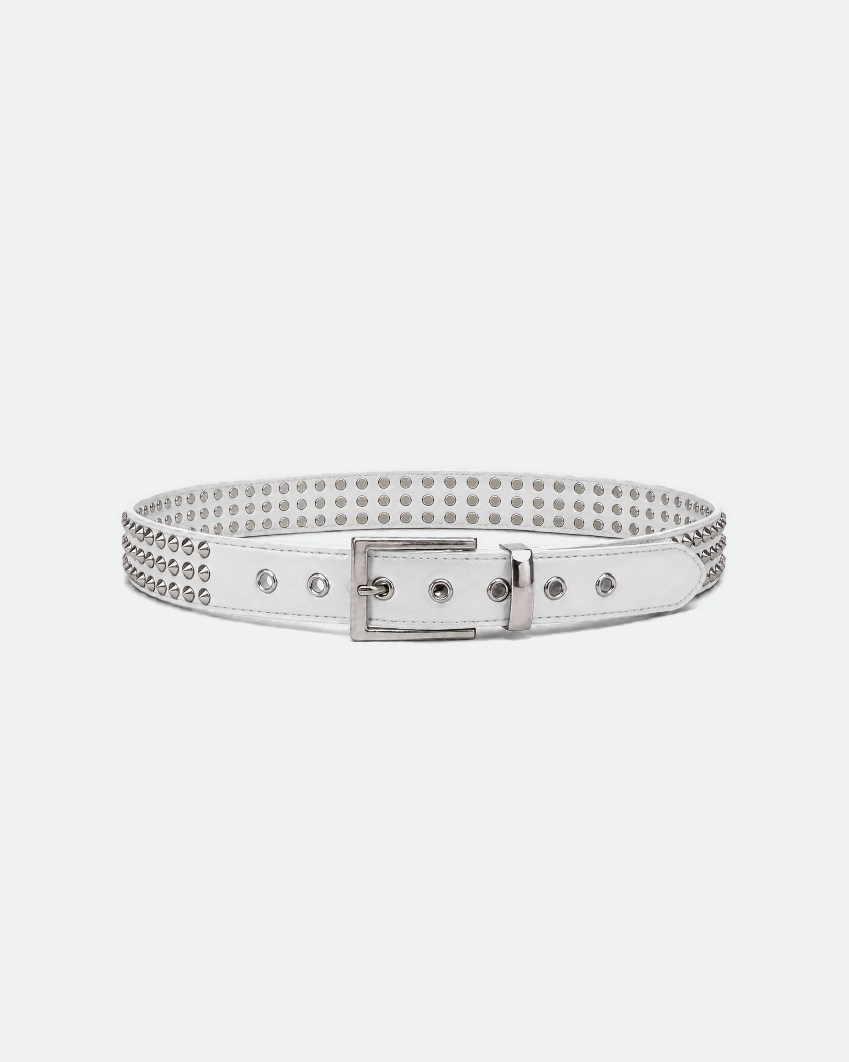 Y2K Tattoo Graphic Belt White Triple-Row Pyramid Studs 38mm - Front