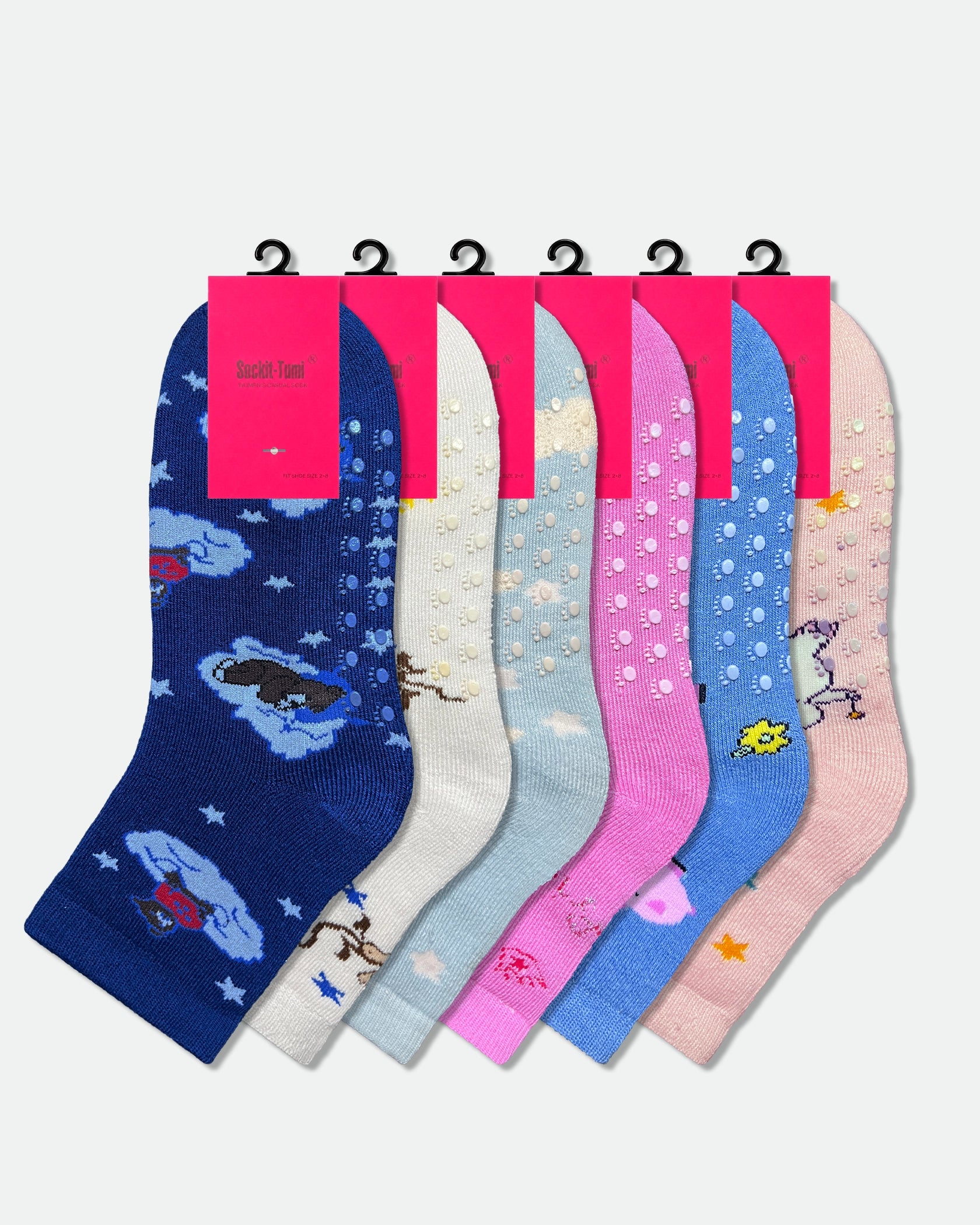 Women's Non-Slip Novelty Bed Socks Assorted Dozen Pack — 6 Designs Mix