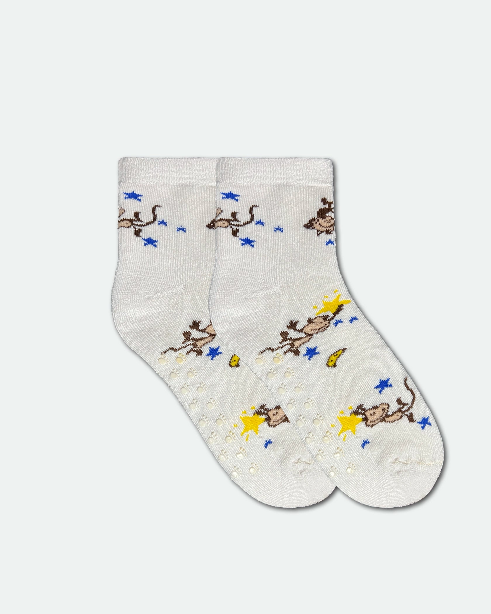 Women's Non-Slip Novelty Bed Socks — Monkey and Stars Print White