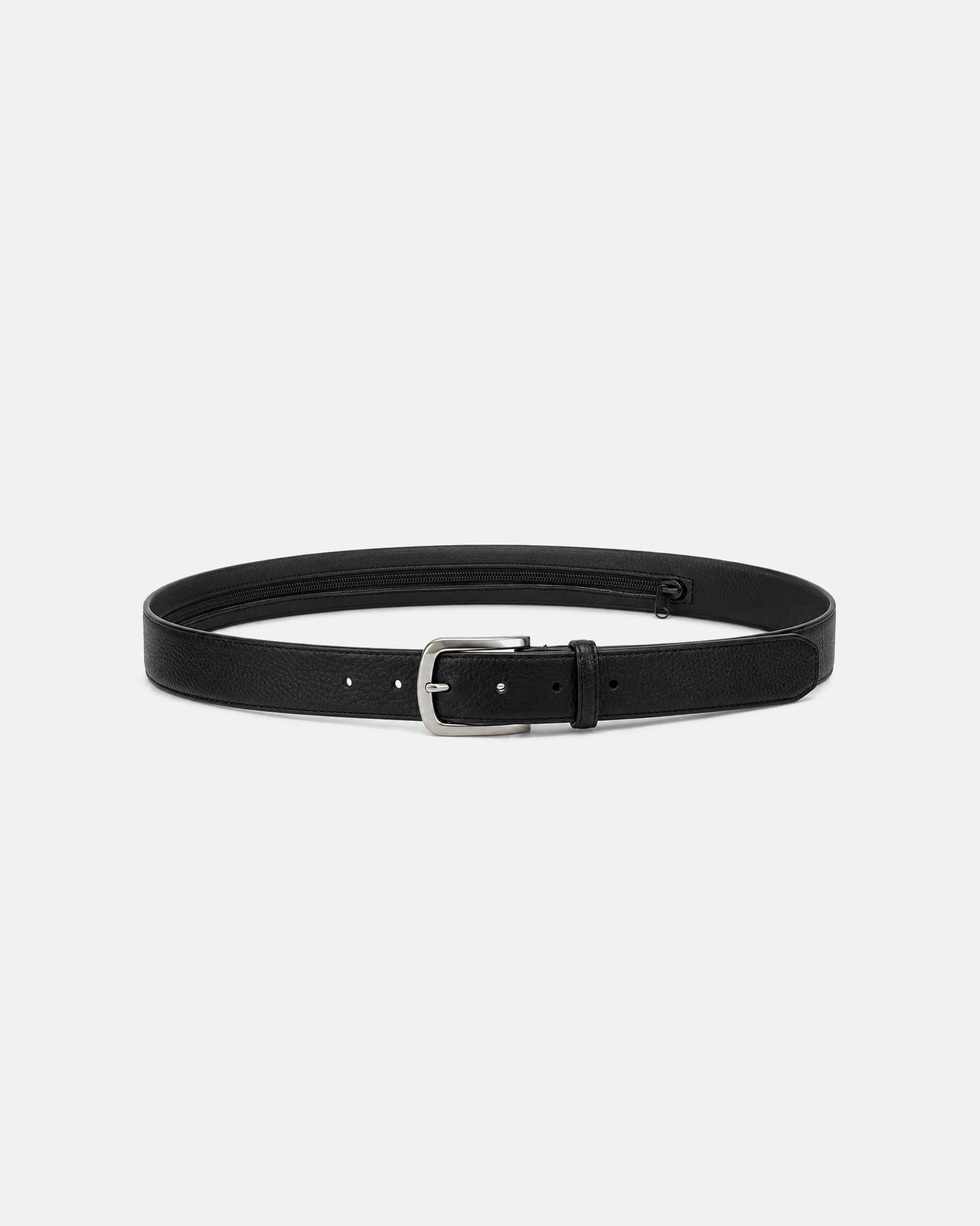 Black Zipper Belt with Zip Closure and Silver Buckle 33mm
