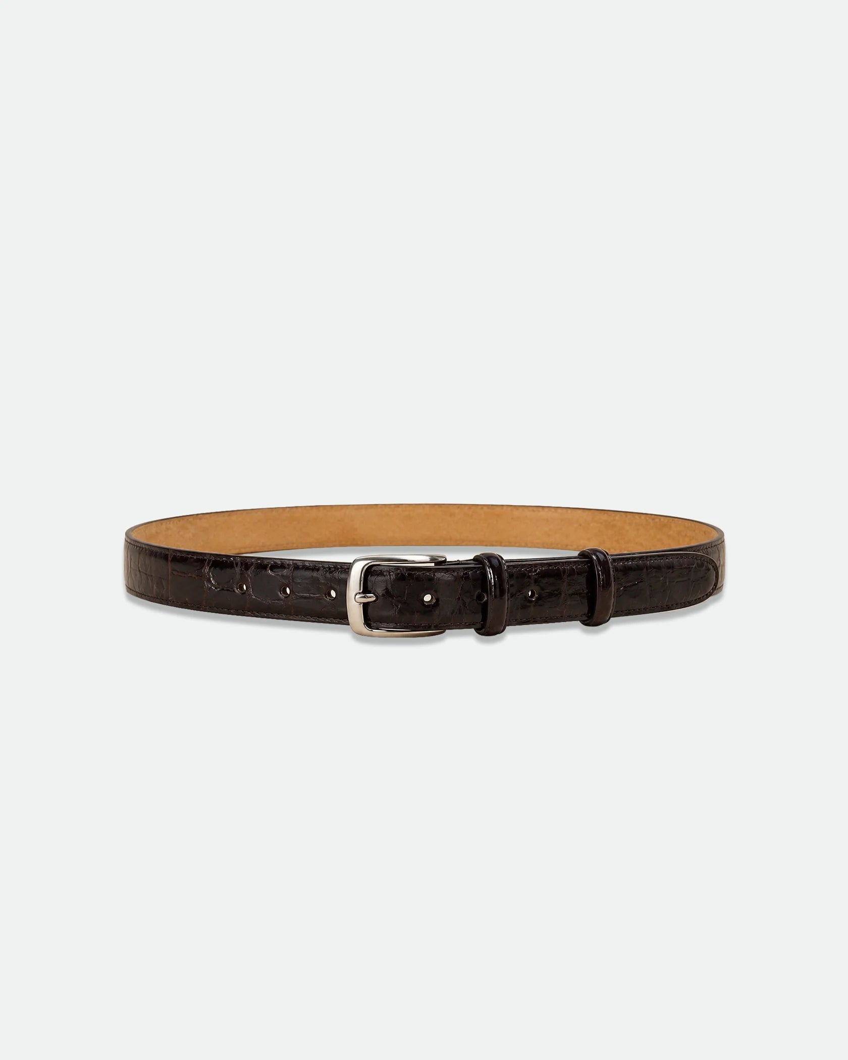 Dark Brown Crocodile-Embossed Leather Belt with Silver Pin Buckle 28mm