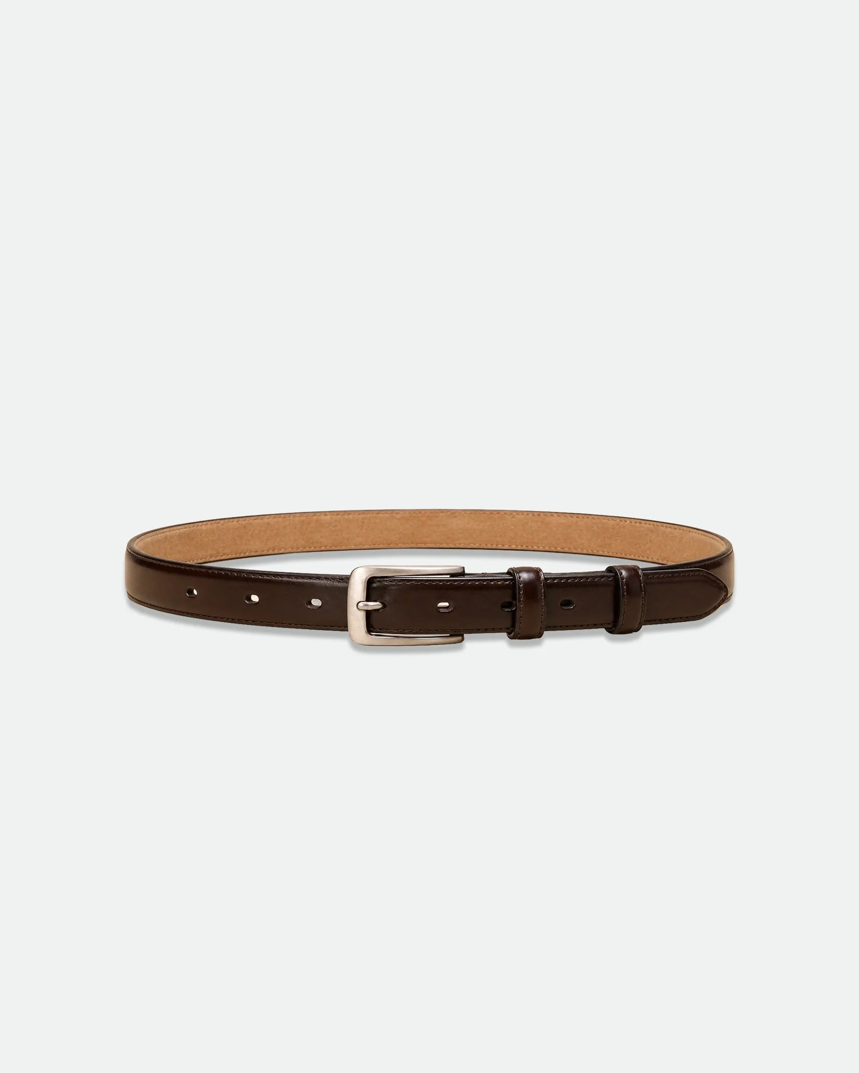 Dark Brown Polished Leather Belt with Brushed Silver Pin Buckle 28mm