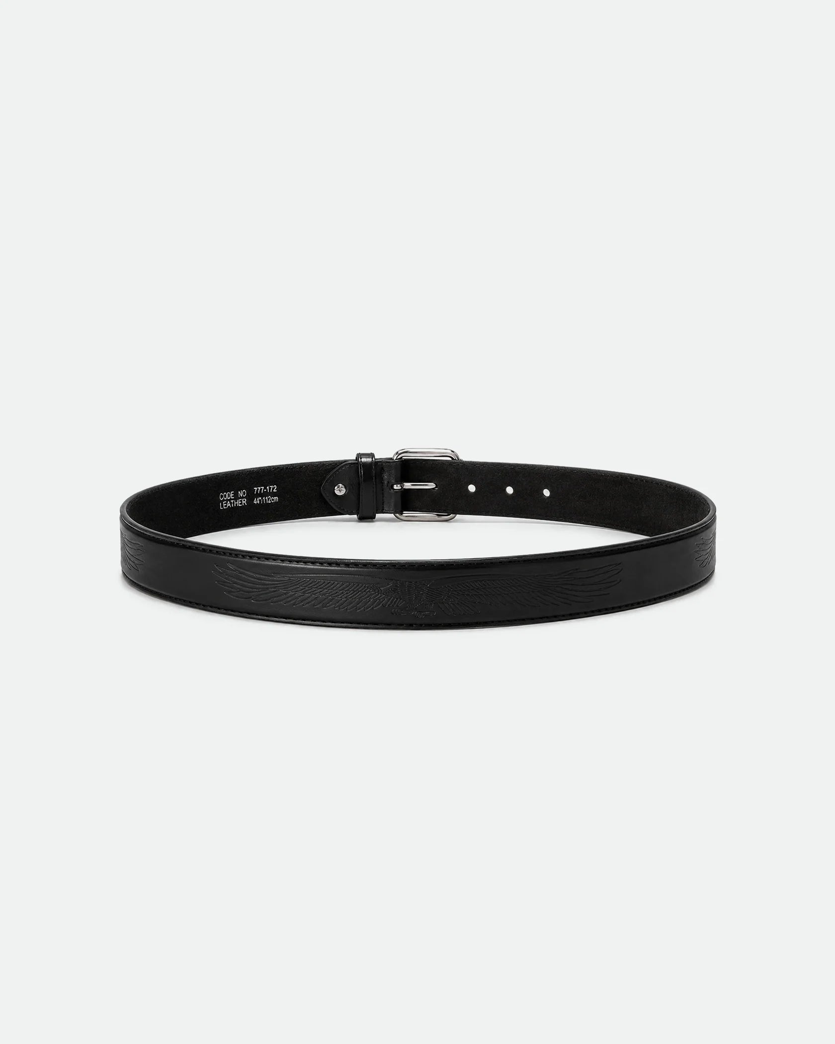 Black Polished Leather Belt Brushed Silver Roller Buckle 38mm - Back