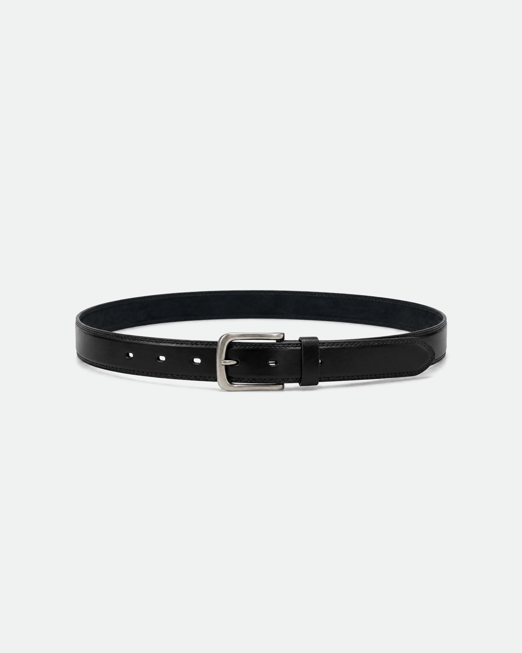 Black High-Shine Leather Belt with Silver Pin Buckle 33mm
