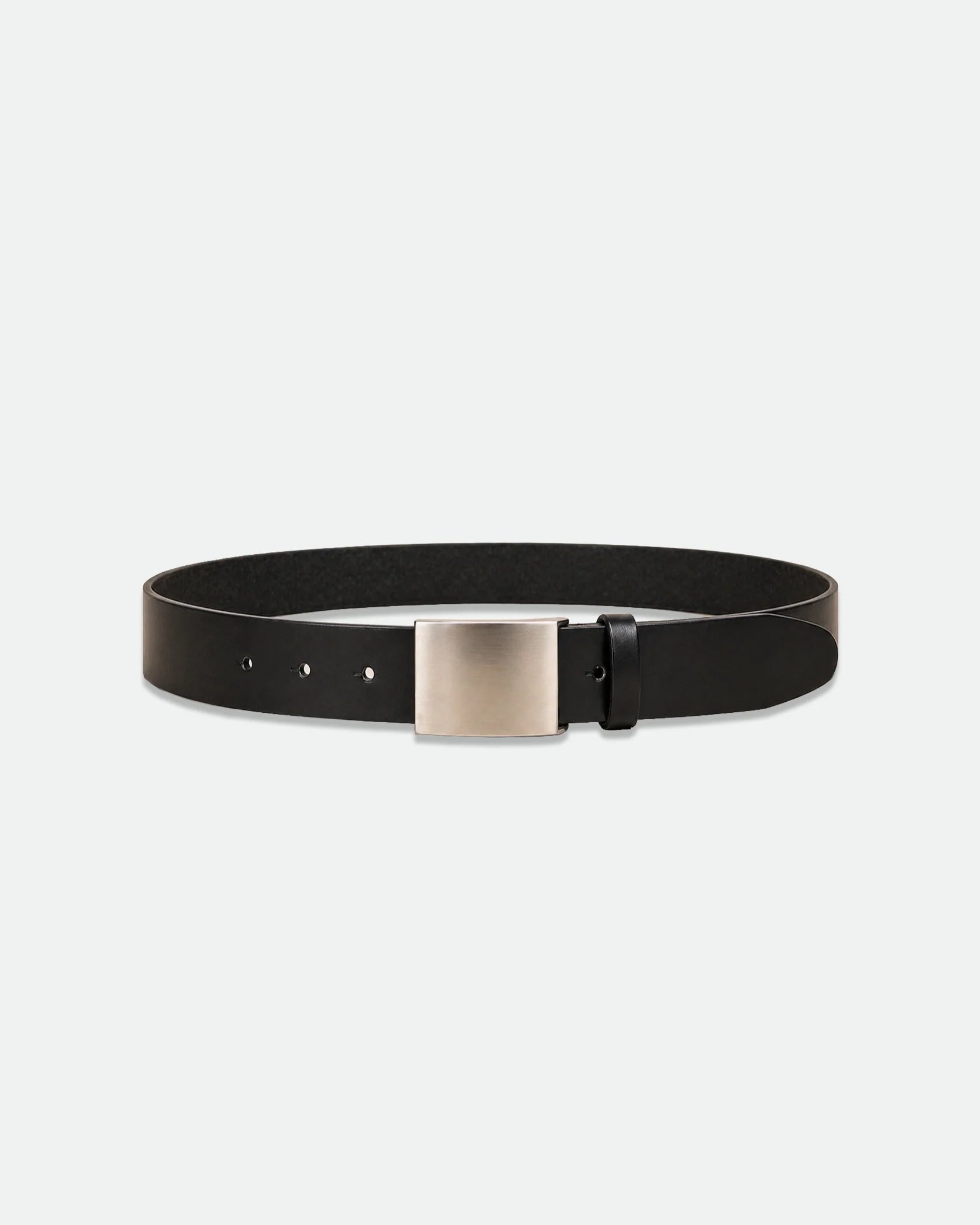 Black Smooth Leather Belt with Brushed Silver Plate Buckle 38mm