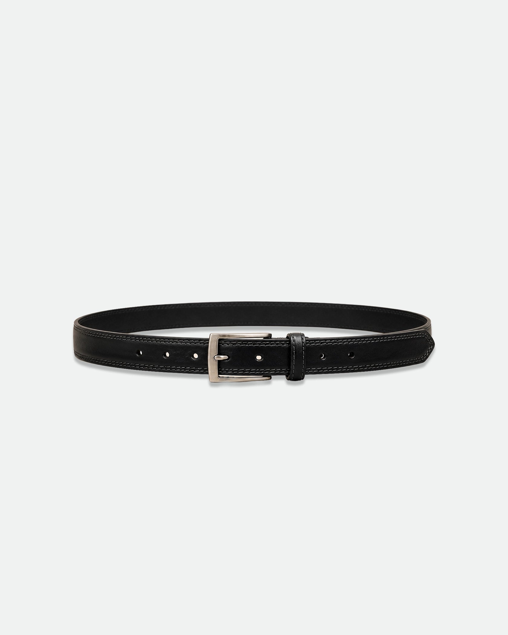 Black Leather Belt with Double-Row Contrast Stitching and Antique Buckle 33mm