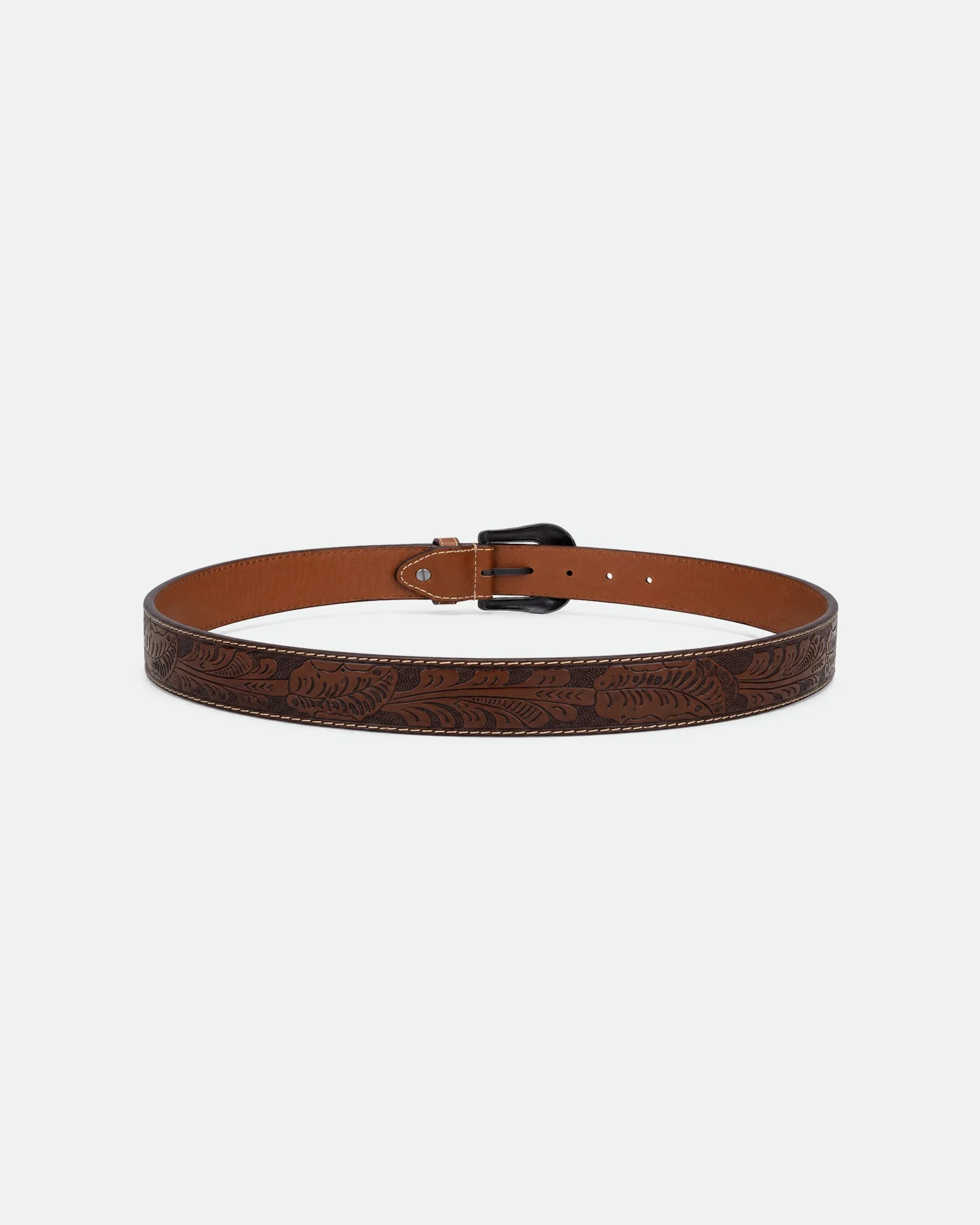 Tan Leather Western Belt Floral Gunmetal Buckle 38mm - Back