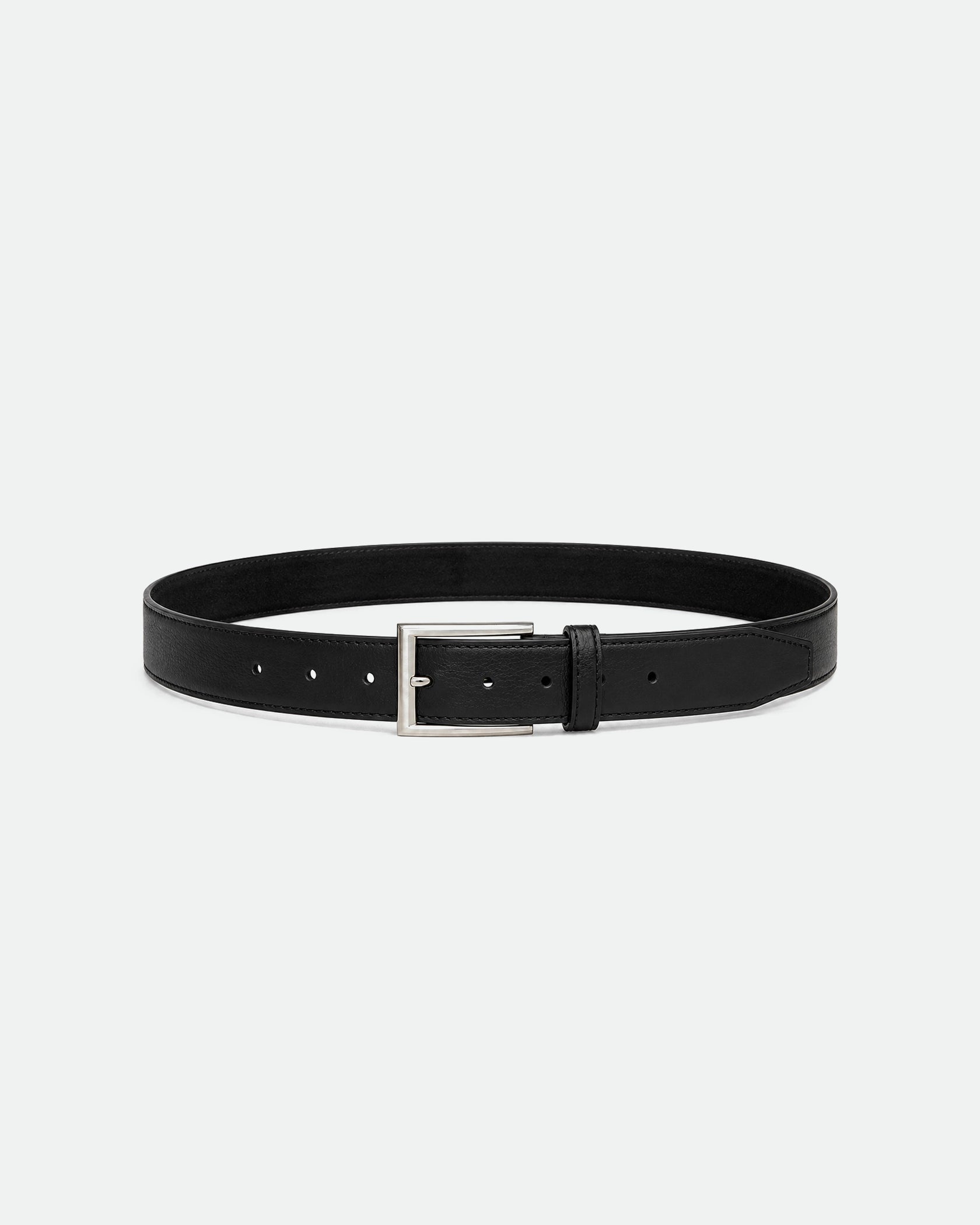 Black Full-Grain Leather Belt with Brushed Silver Pin Buckle 38mm
