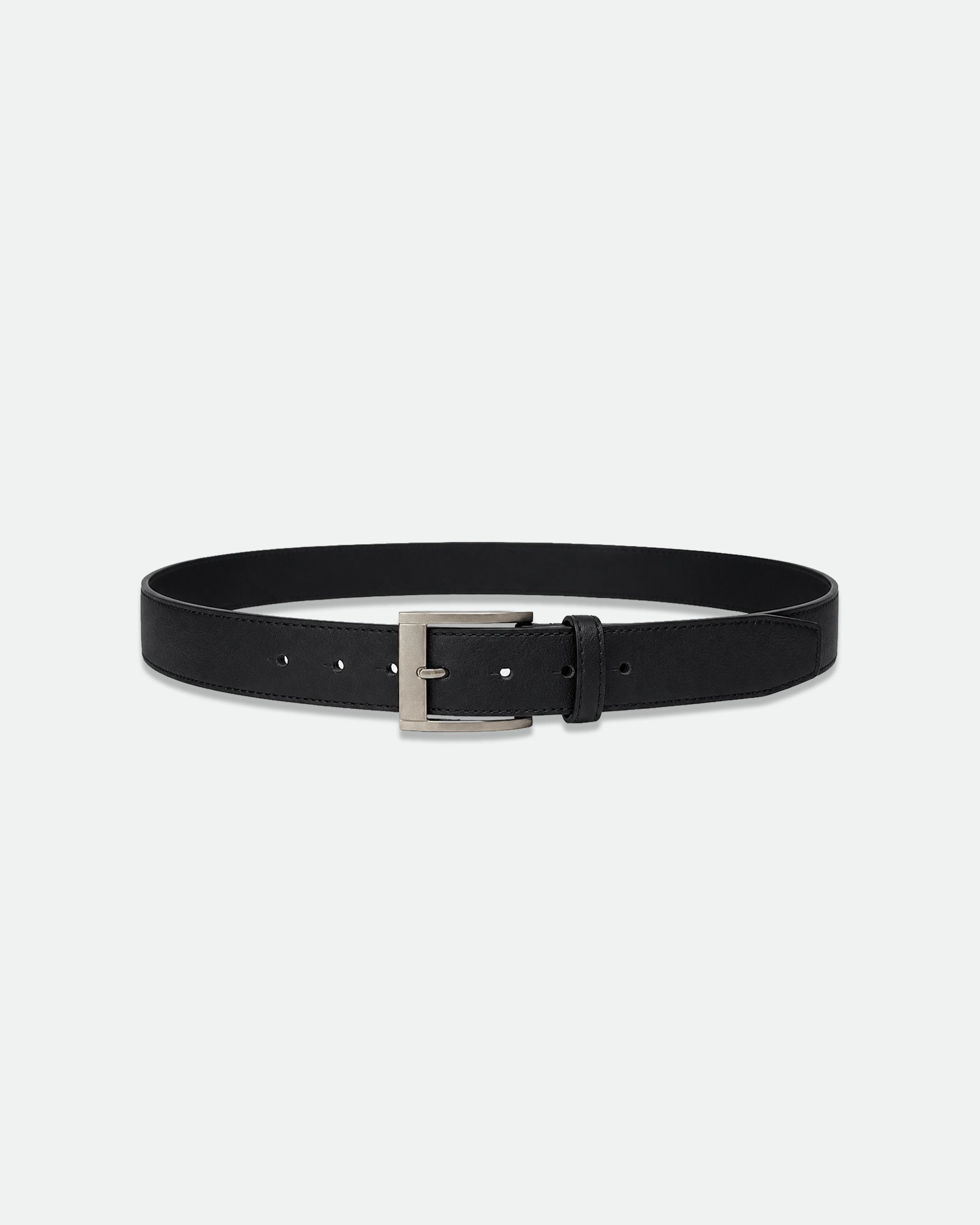 Smooth Black Leather Belt with Brushed Silver Buckle 37mm