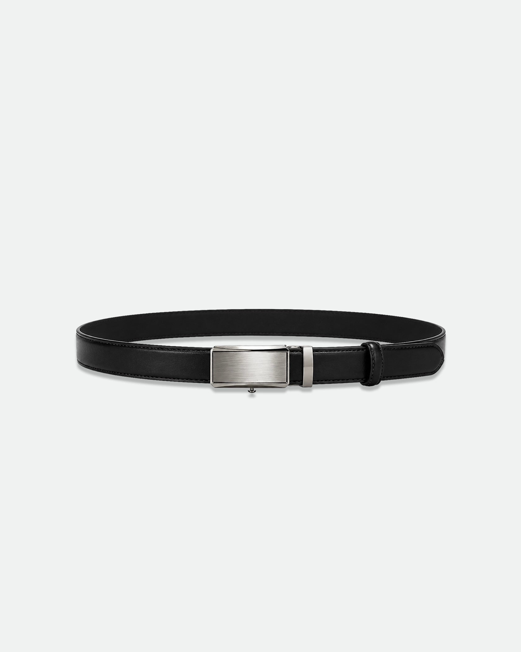 Black Smooth Leather Belt with Brushed Silver Plaque Buckle 29mm