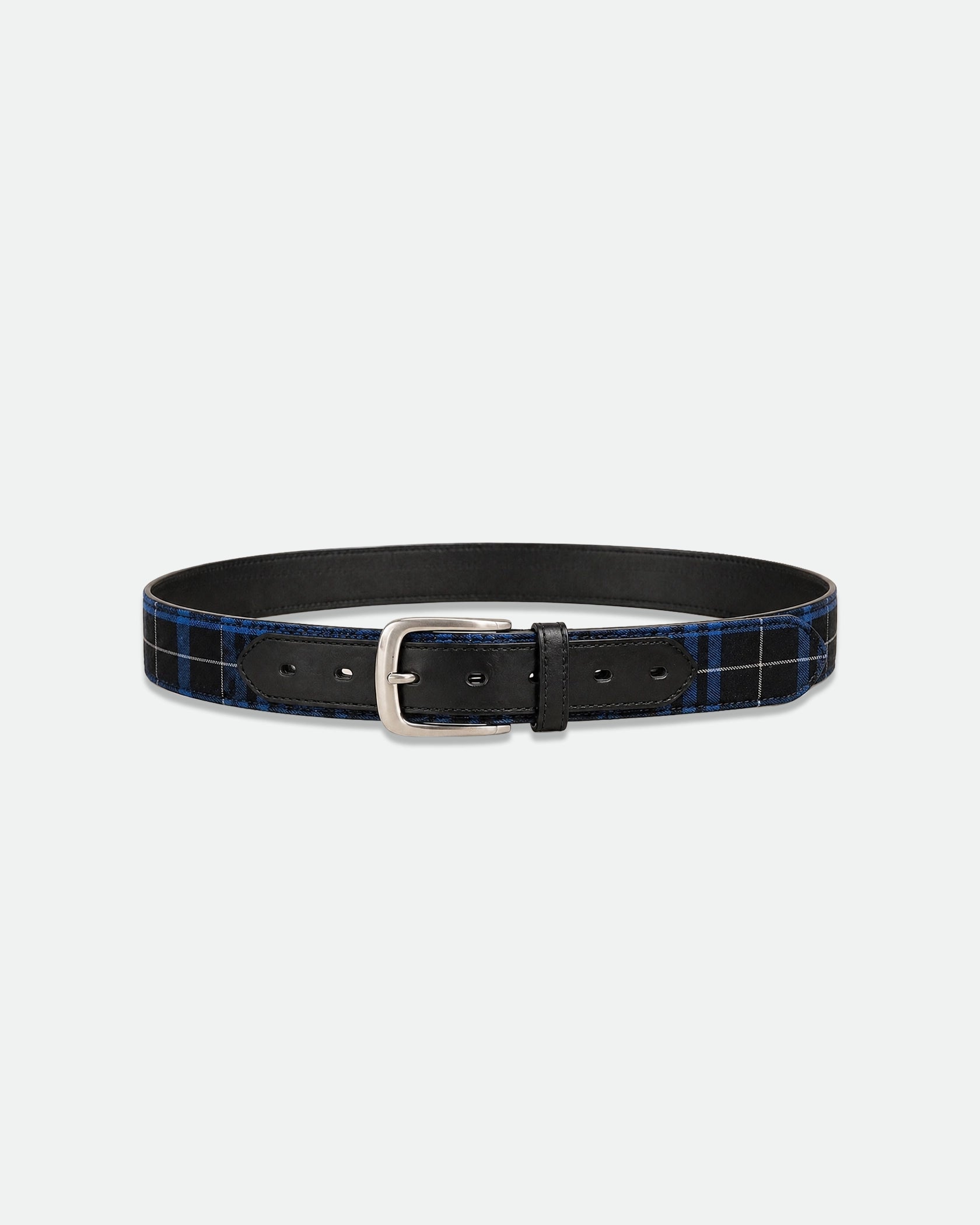 Blue Tartan Plaid Belt with Black Leather Trim and Silver Buckle 38mm