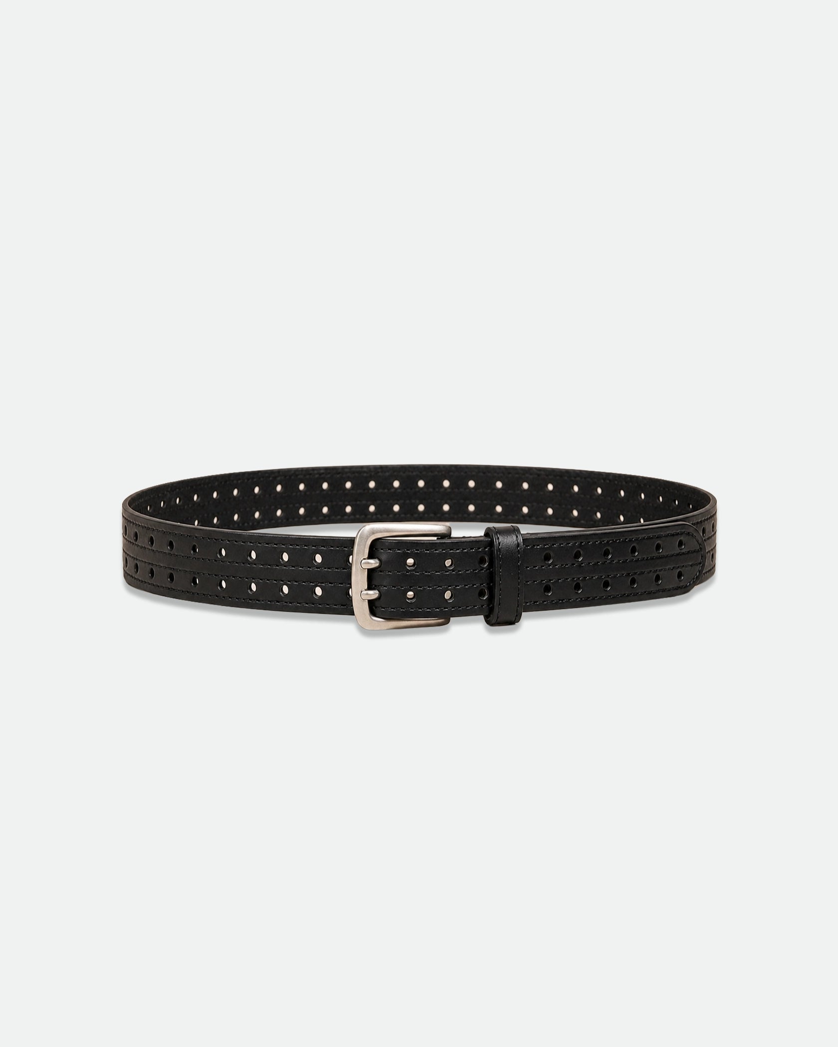 Black Perforated Leather Belt with Double-Prong Roller Buckle 38mm