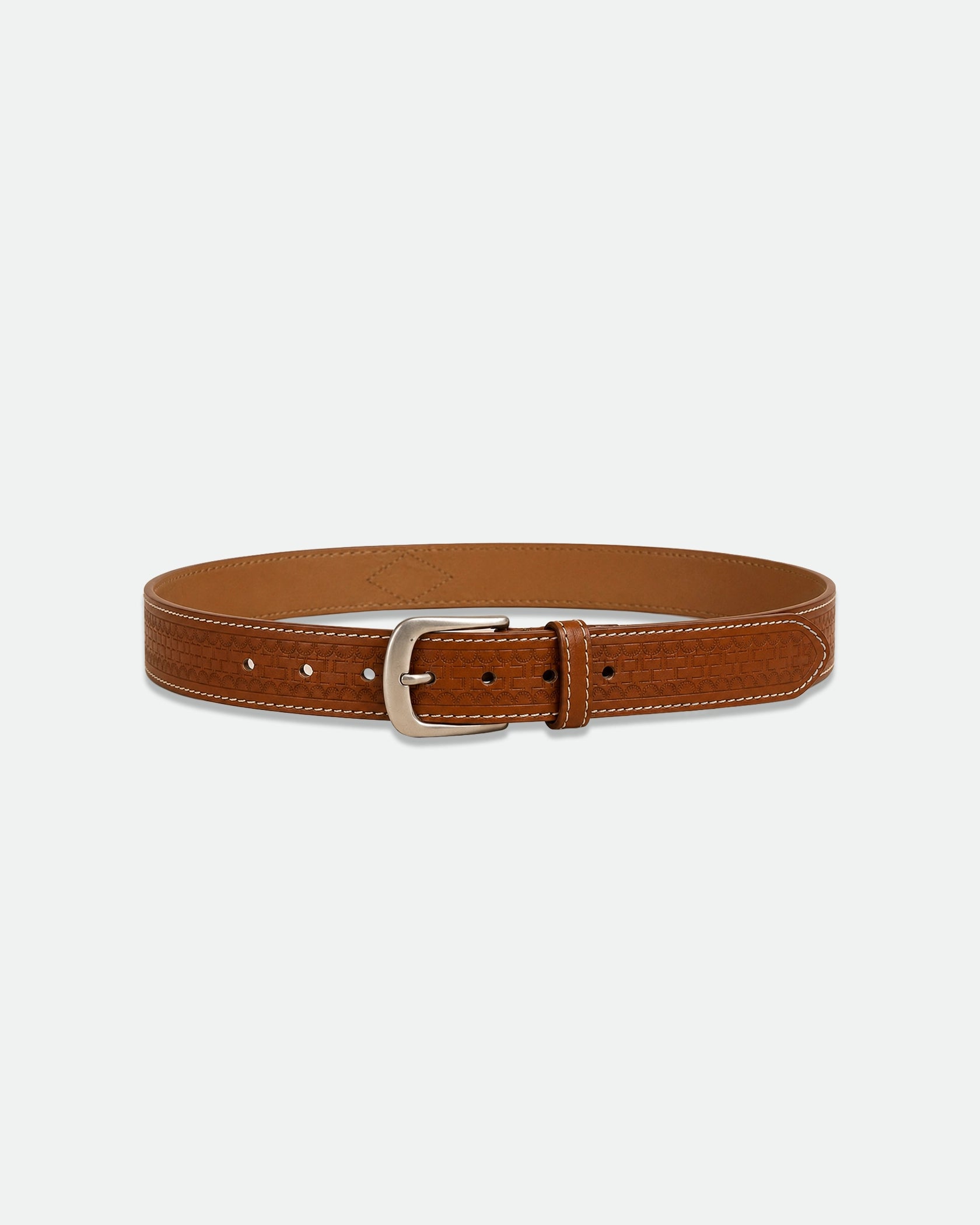 Tan Leather Belt with Perforated Edge Detail and Silver Pin Buckle 38mm