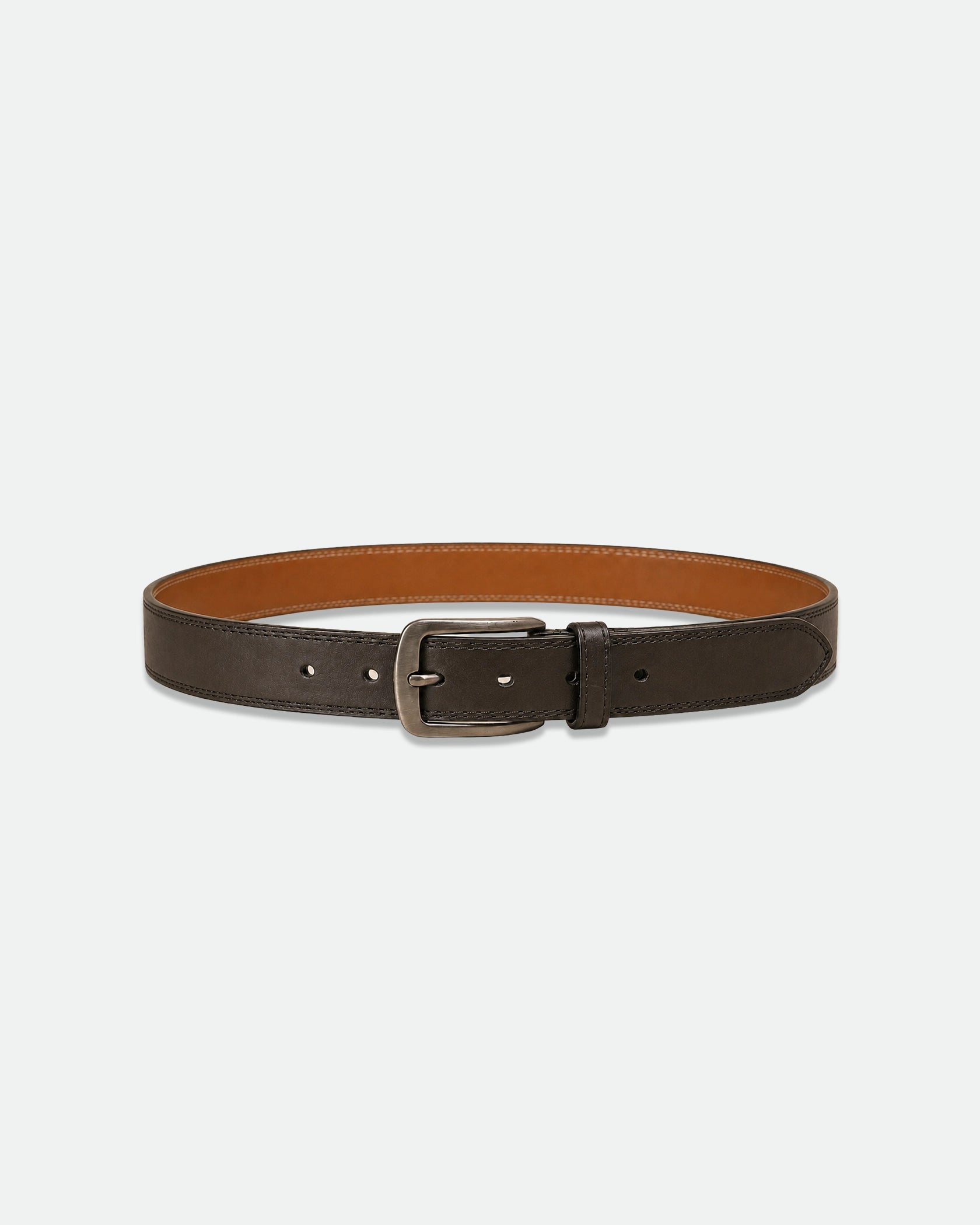 Dark Brown Leather Belt with Multi-Row Centre Stitching and Antique Buckle 38mm