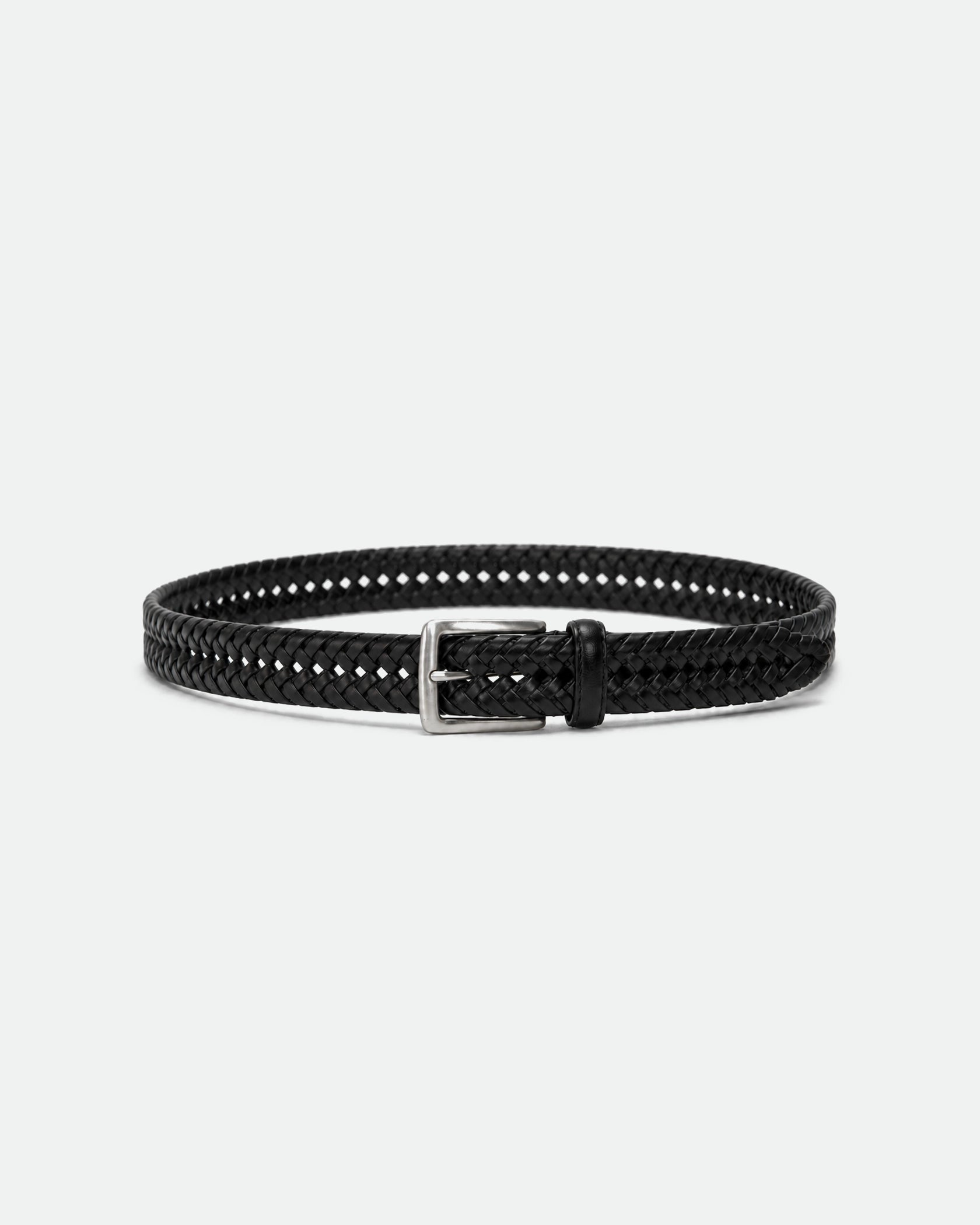 Black Woven Lattice Leather Belt with Brushed Silver Buckle 33mm