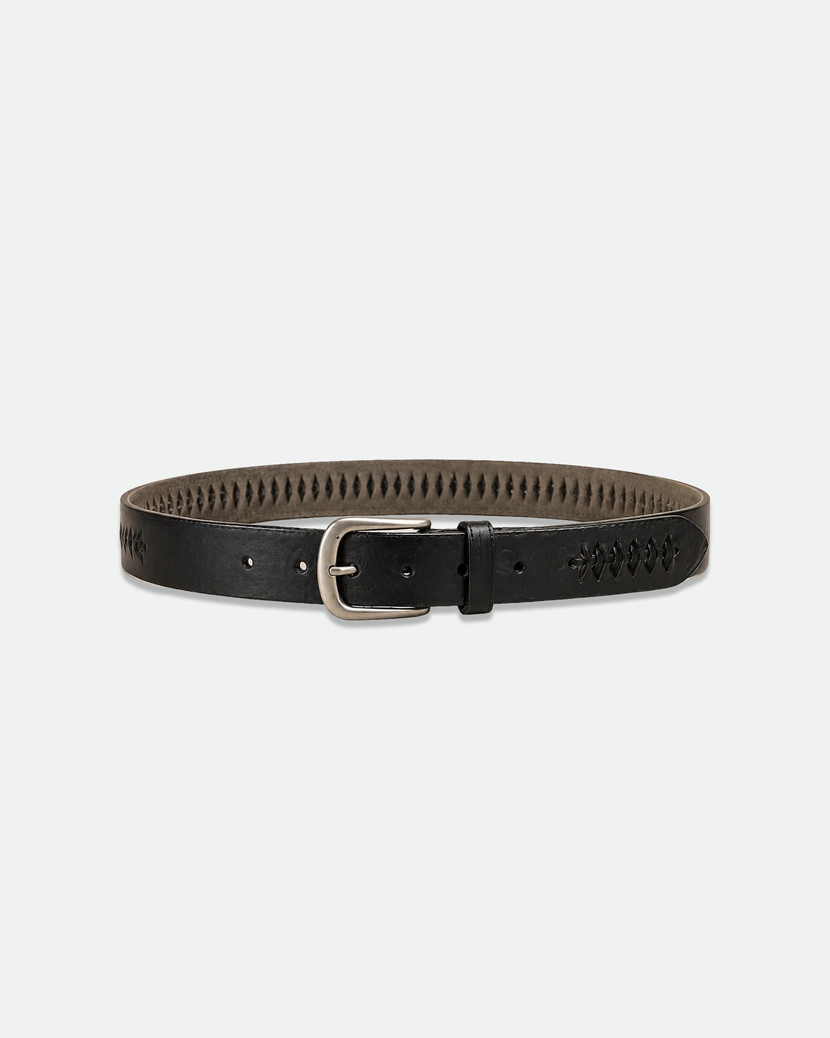 Black Leather Belt with Hand-Laced Diamond Detail and Silver Buckle 33mm