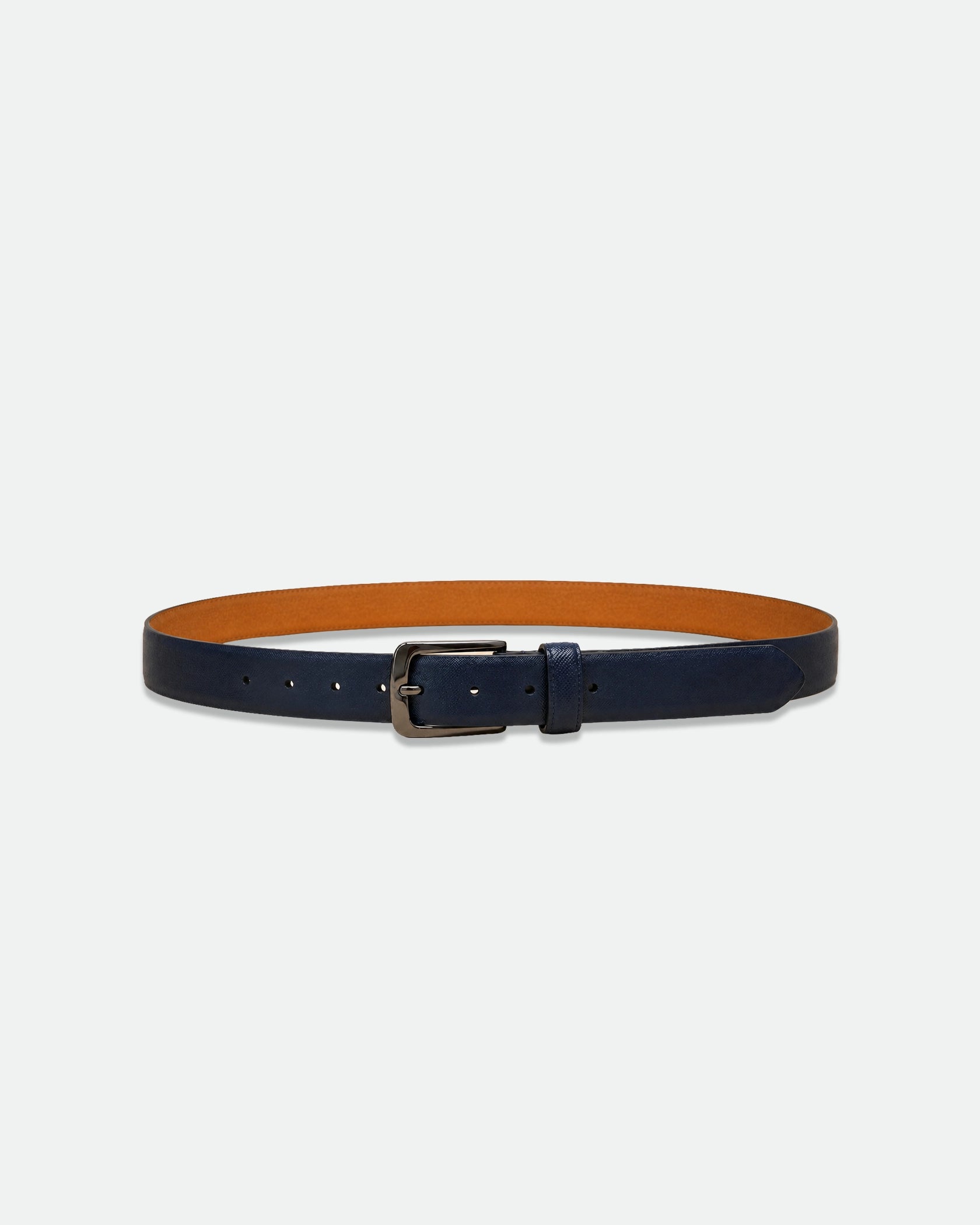 Navy Saffiano Textured Leather Belt with Tan Inner 33mm