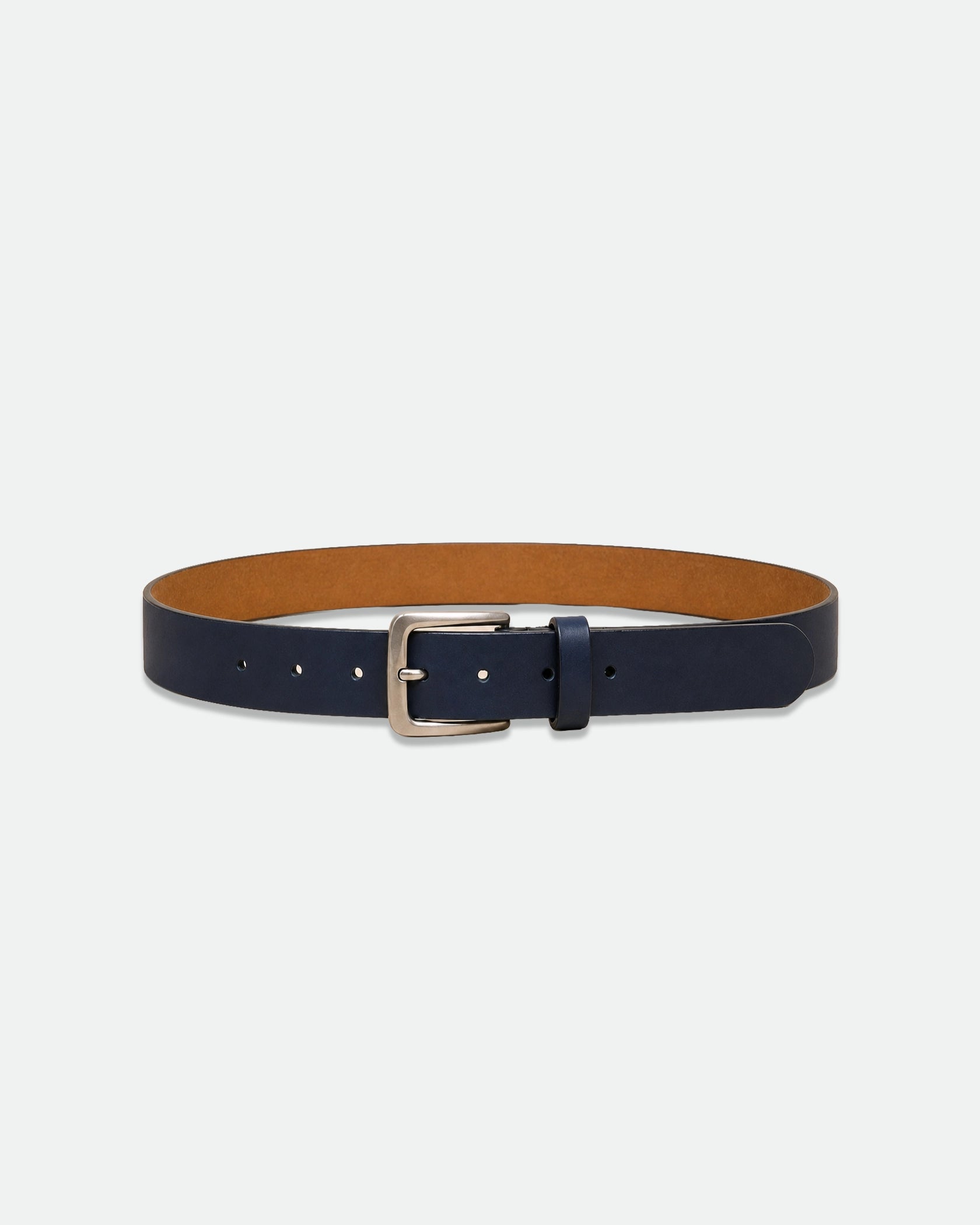 Navy Smooth Leather Belt with Brushed Silver Buckle 33mm