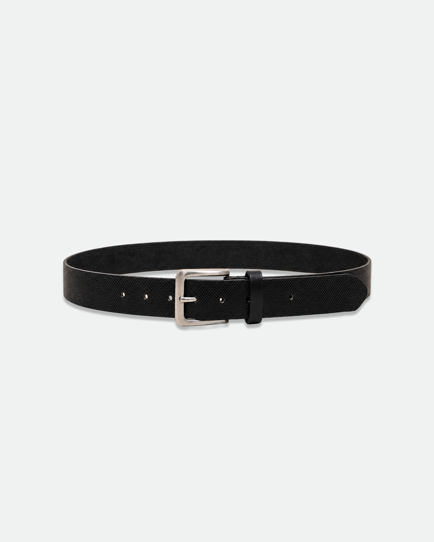 Black Cross-Grain Leather Belt with Brushed Silver Pin Buckle 33mm