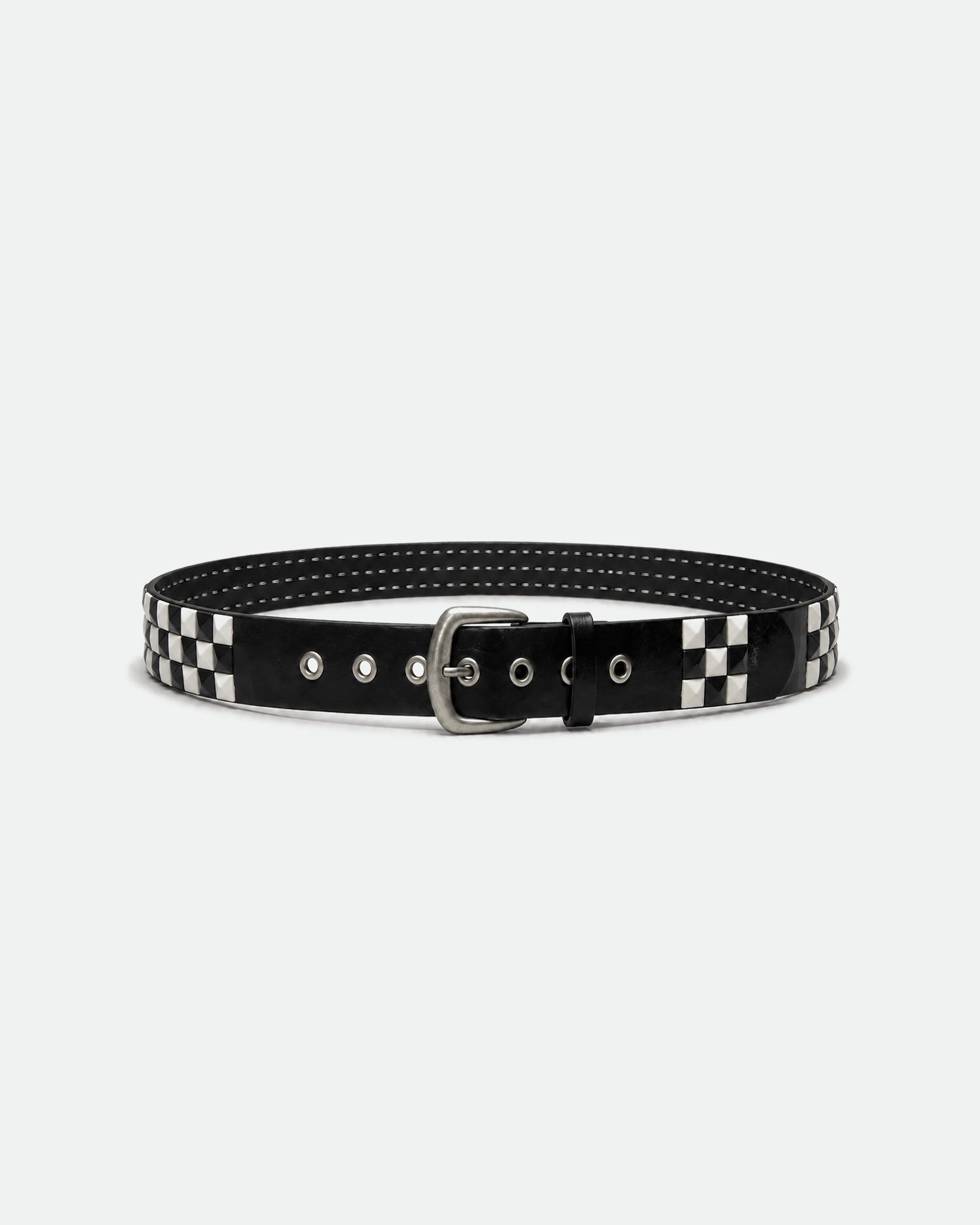 Black Studded Leather Belt with Black and White Checkerboard Pyramid Studs 38mm