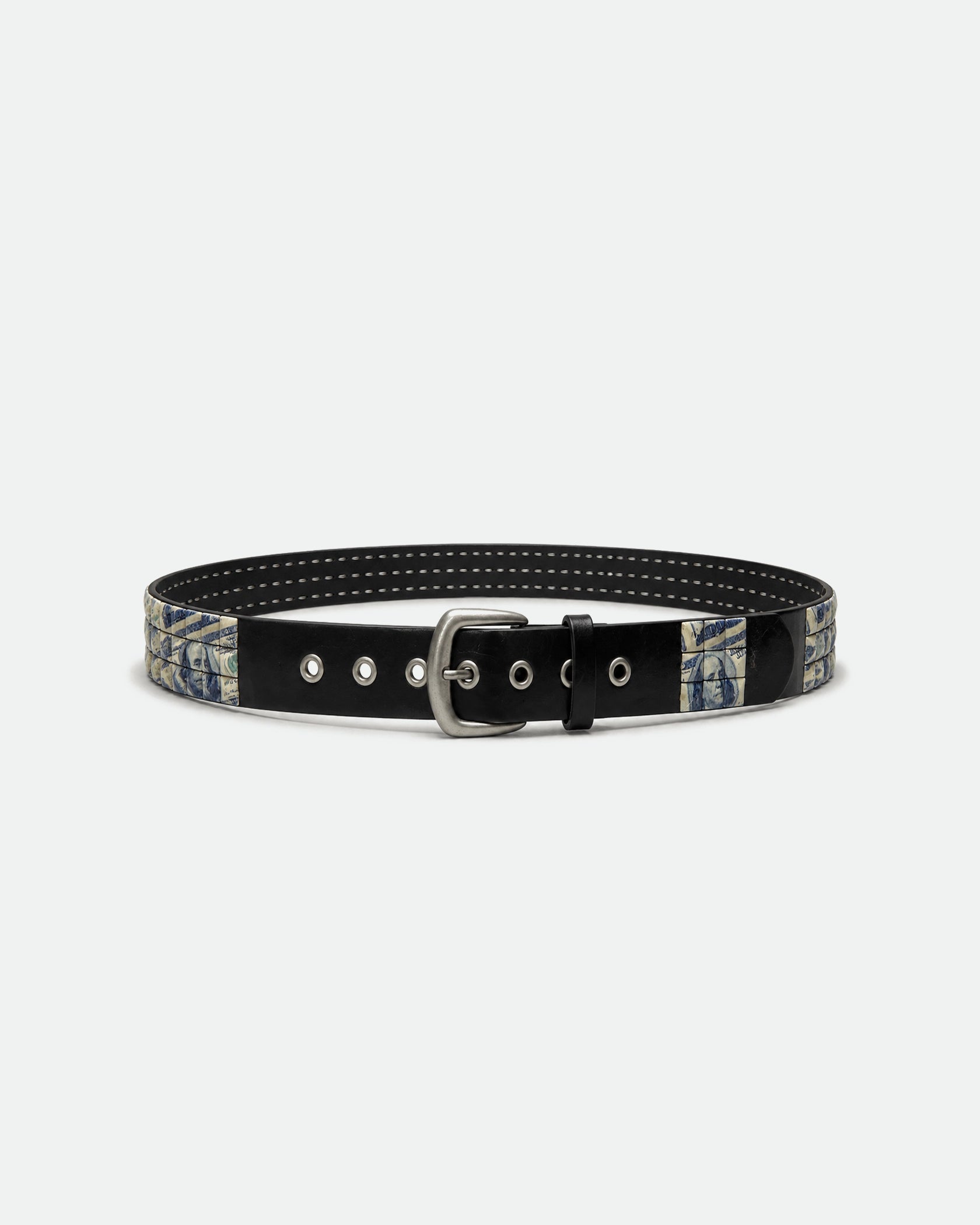 Black Leather Belt with $100 Bill Print Panel 38mm