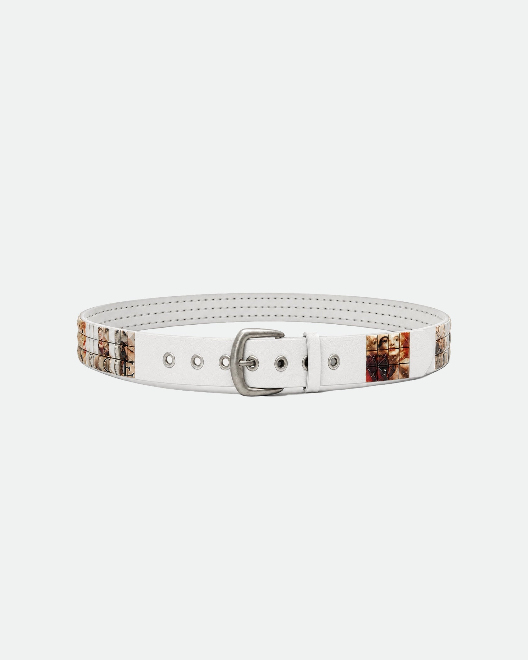 White Studded Leather Belt with Photo-Print Tile Panels 38mm