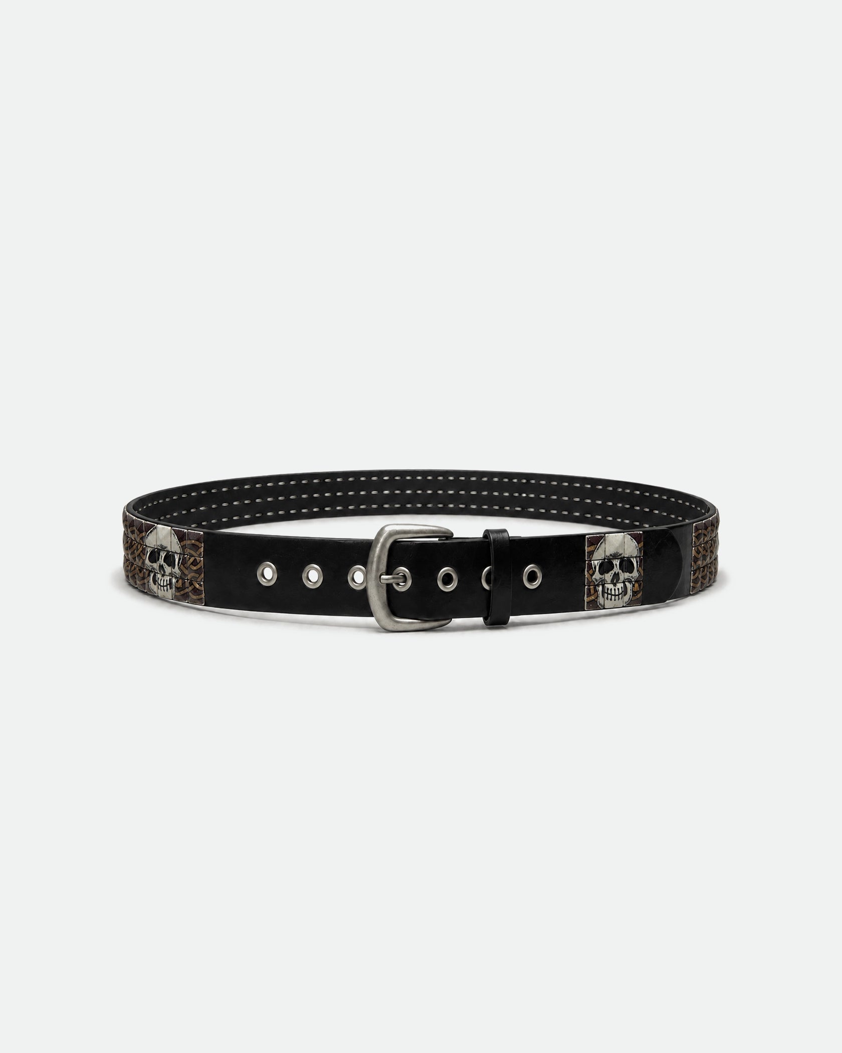 Black Leather Belt with Skull Motif Patches on Reptile Background 38mm