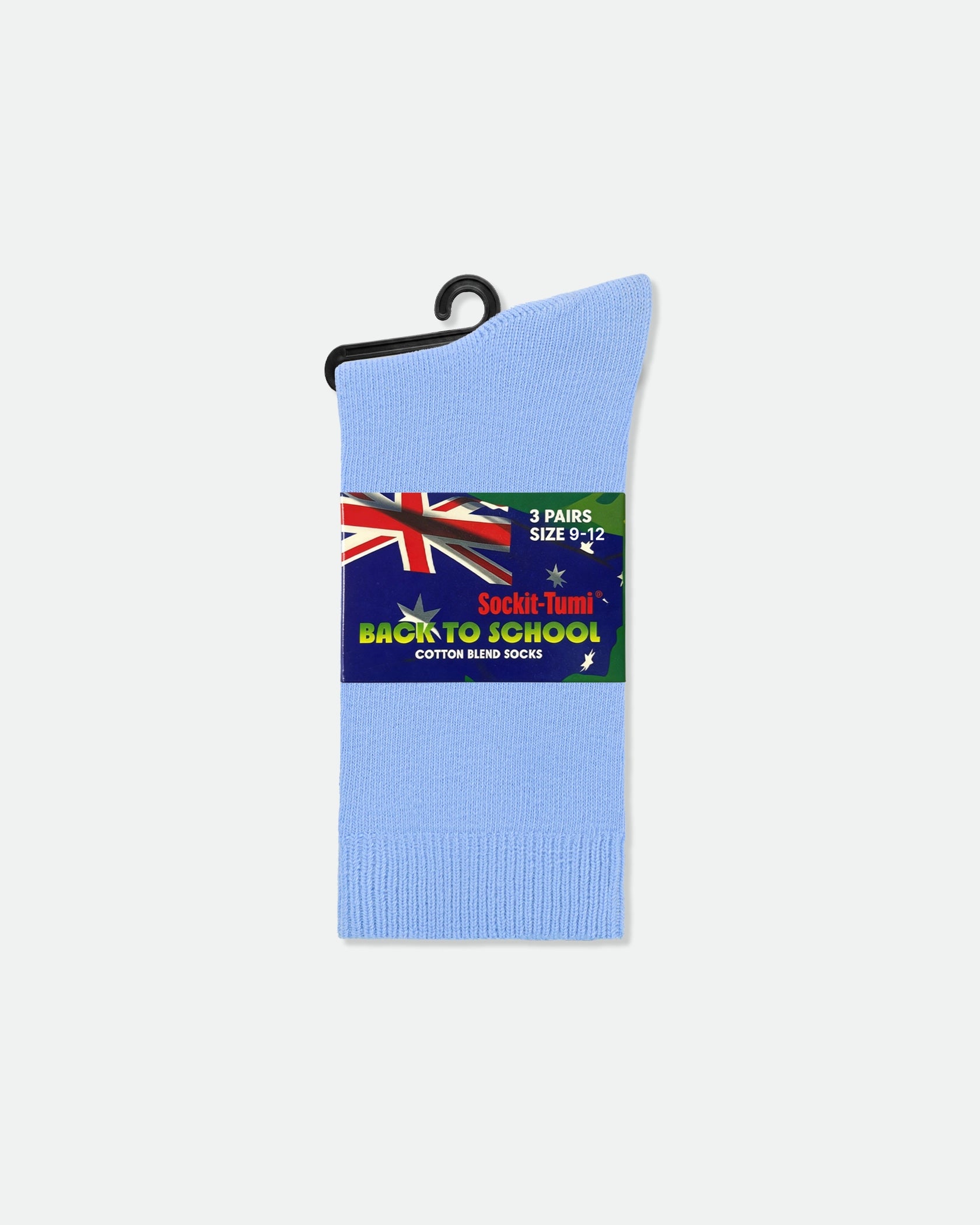 Kids Australian School Socks Crew Length Pack of 3 Sky Blue