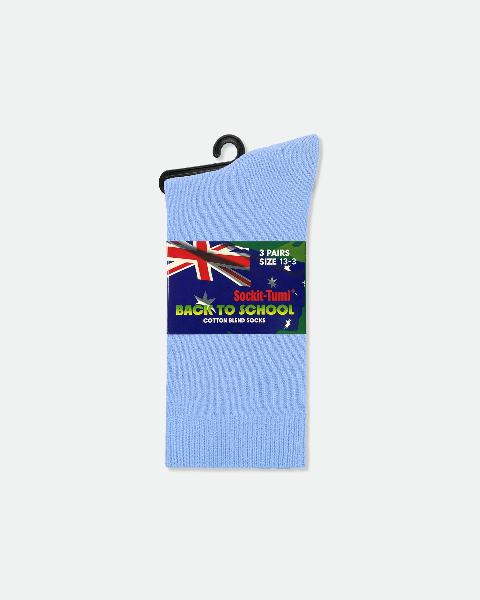 Kids Australian School Socks Crew Length Pack of 3 Sky Blue
