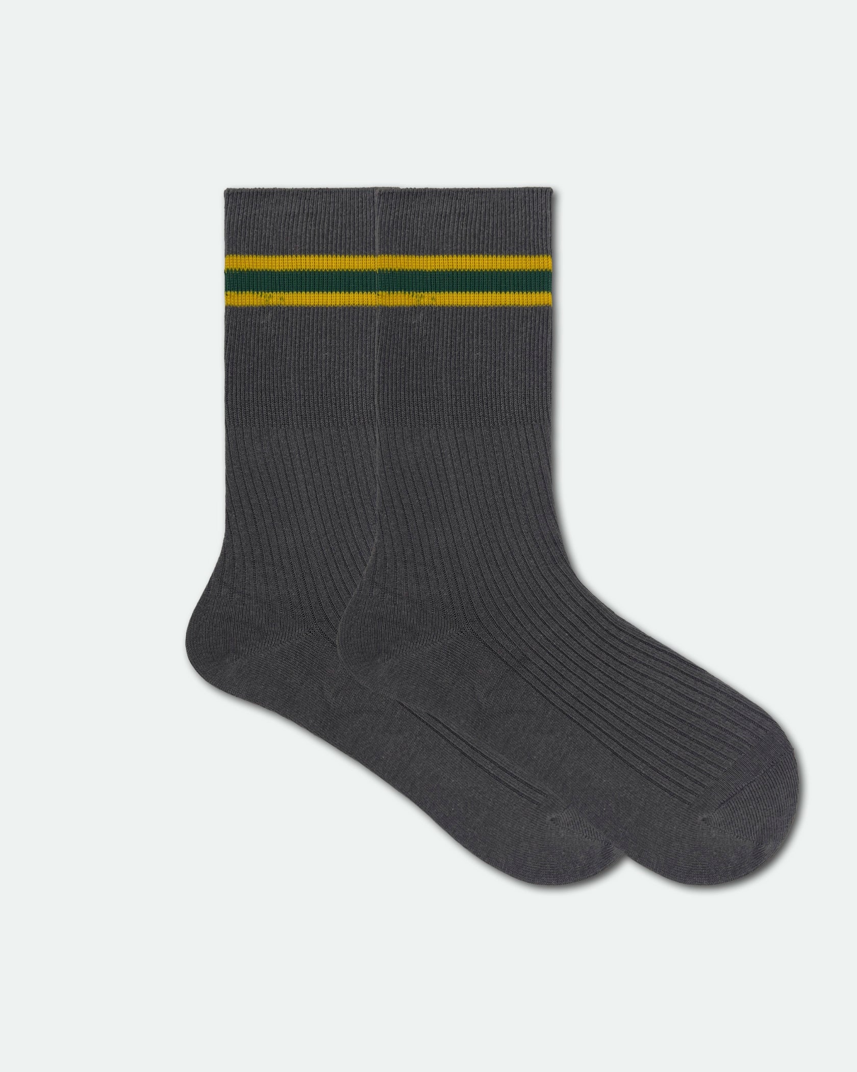 Sockit-Tumi Custom School Socks Grey with Yellow Gold and Green Stripes
