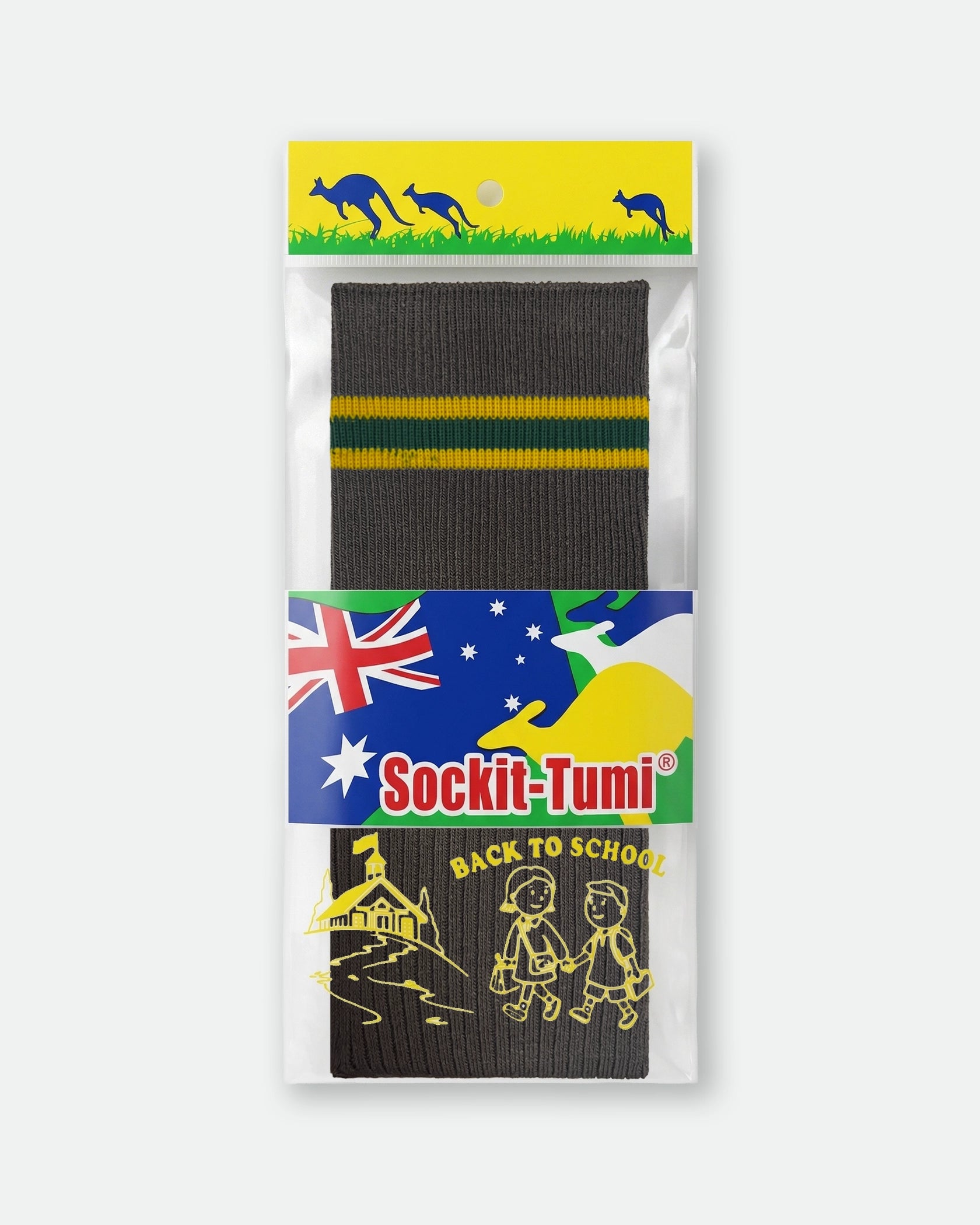 Sockit-Tumi Custom School Socks Grey with Yellow Gold and Green Stripes