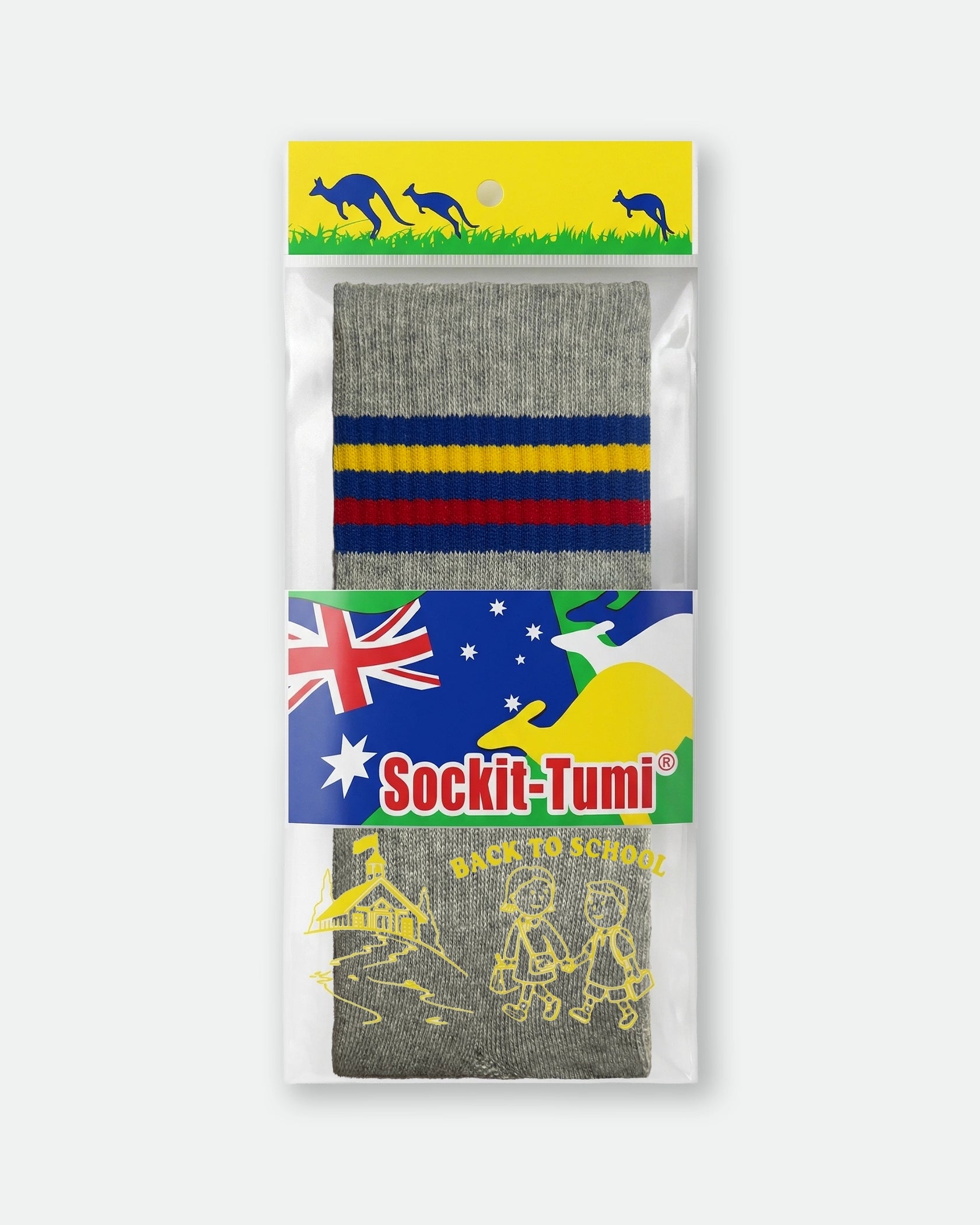 Gray sock with colorful stripes in packaging featuring Australian flags and illustrations.