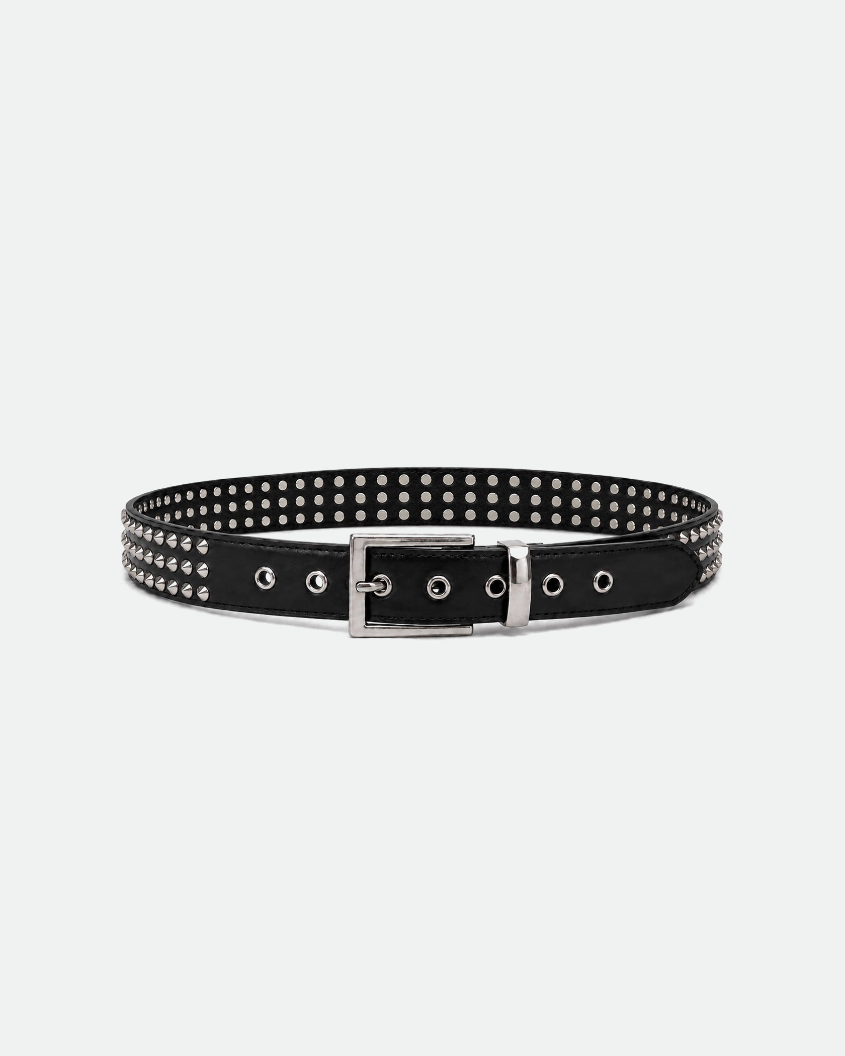Black Triple-Row Pyramid Studded Leather Belt 38mm