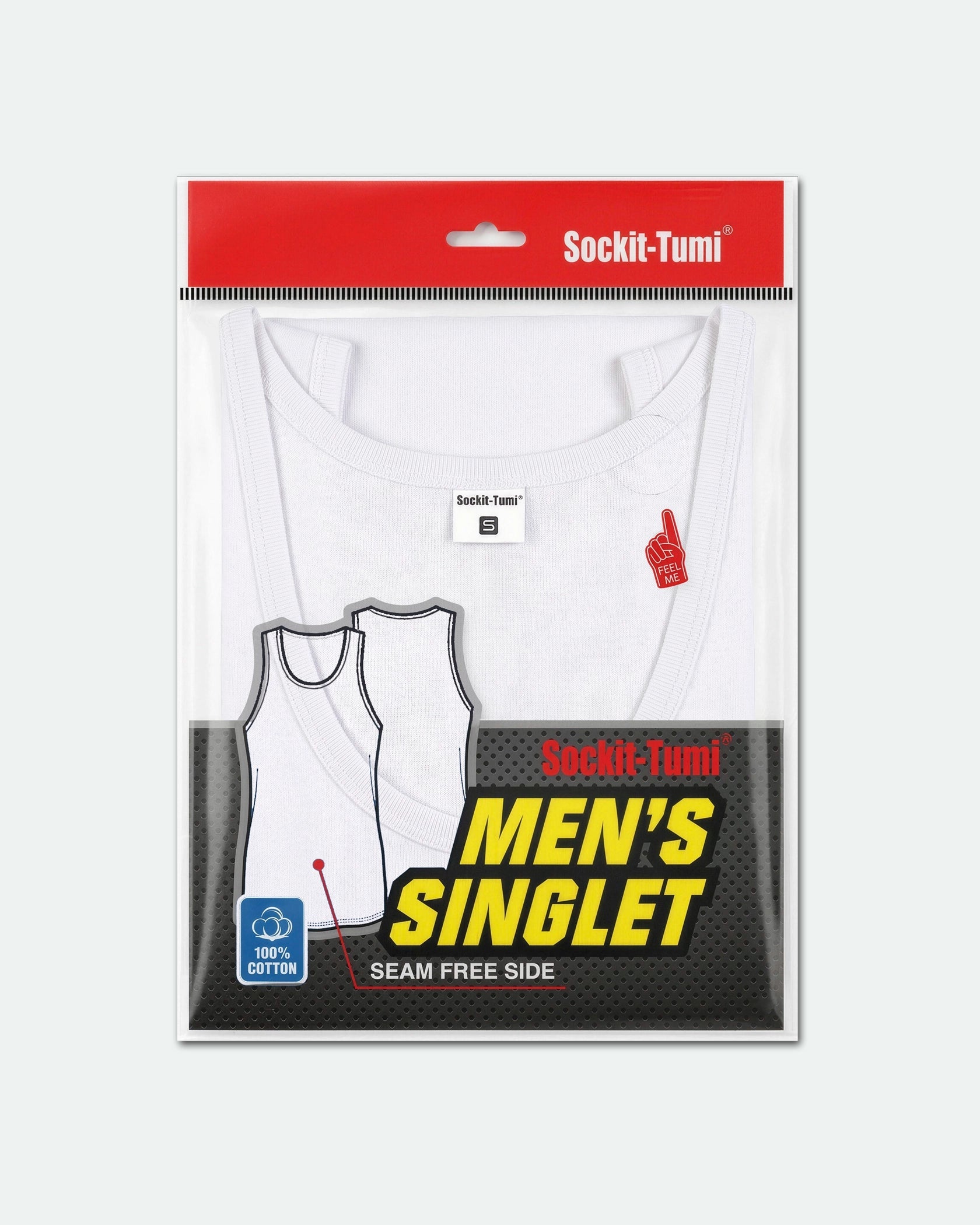 Package of Sockit-Tumi men's singlet with clear front view